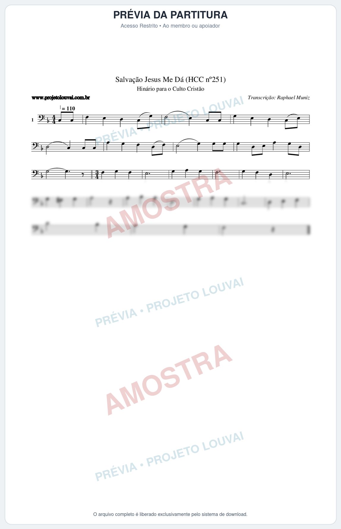 Prévia protegida da primeira página da partitura Partitura da música Salvação Jesus Me Dá (HCC nº251) - Hinário para o Culto Cristão - Tom F