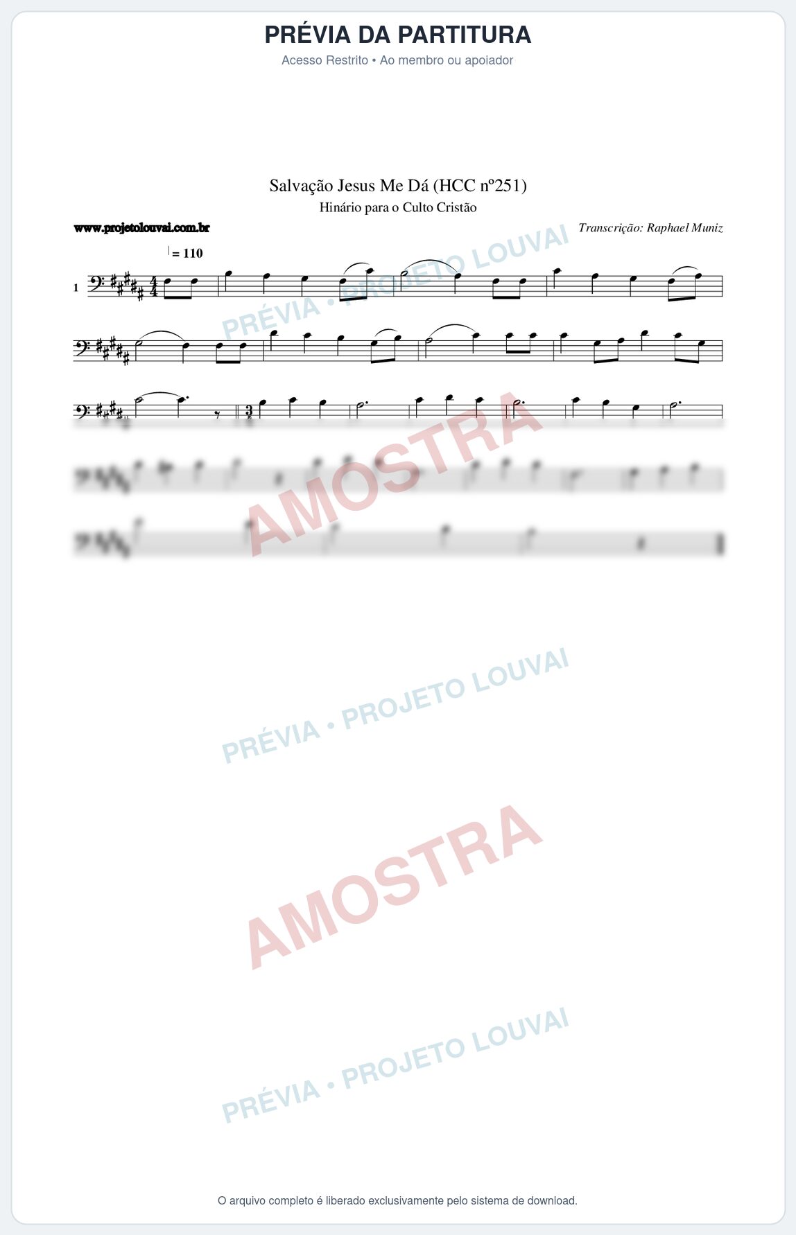 Prévia protegida da primeira página da partitura Partitura da música Salvação Jesus Me Dá (HCC nº251) - Hinário para o Culto Cristão - Tom B