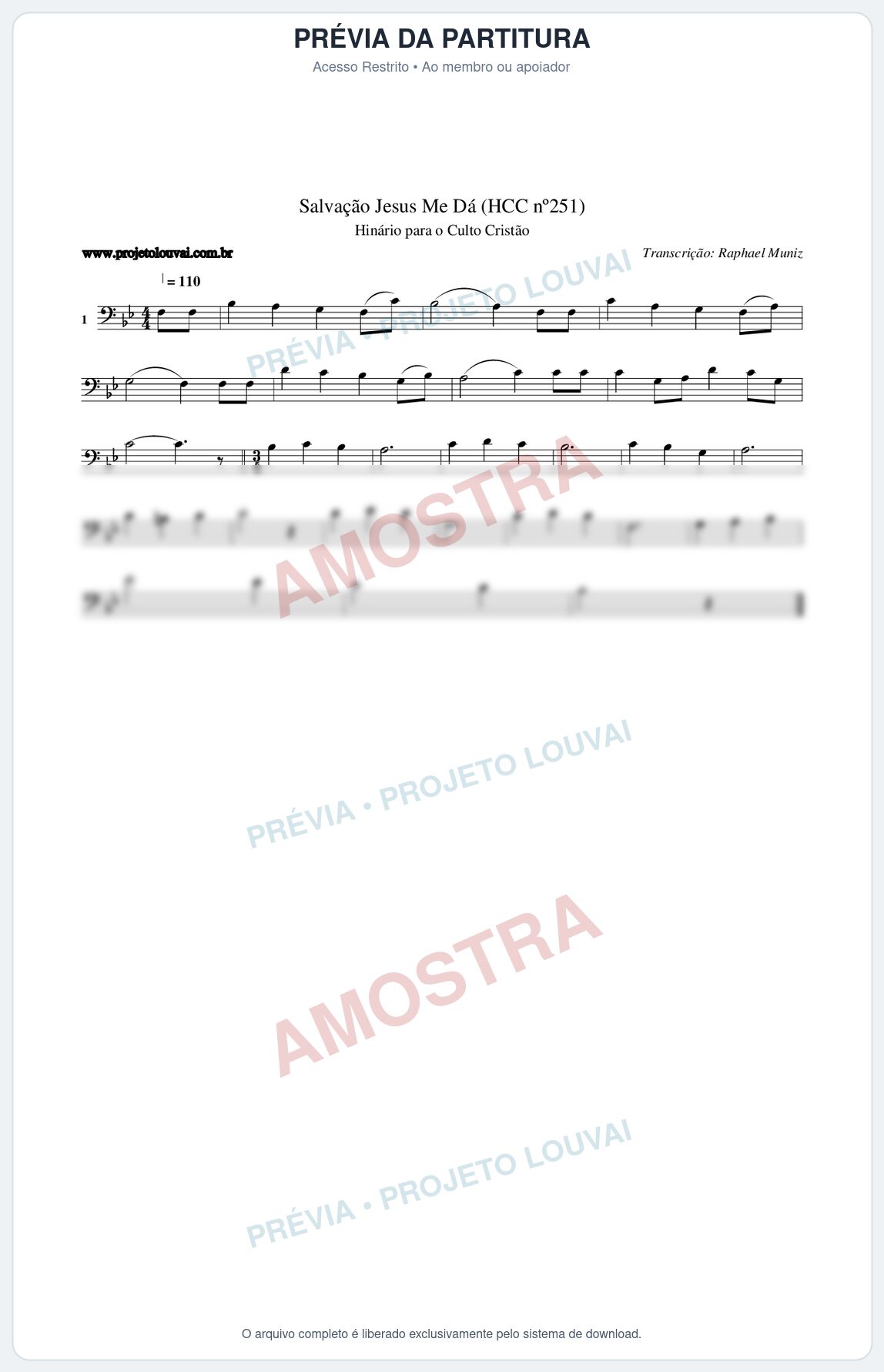 Prévia protegida da primeira página da partitura Partitura da música Salvação Jesus Me Dá (HCC nº251) - Hinário para o Culto Cristão - Tom Bb