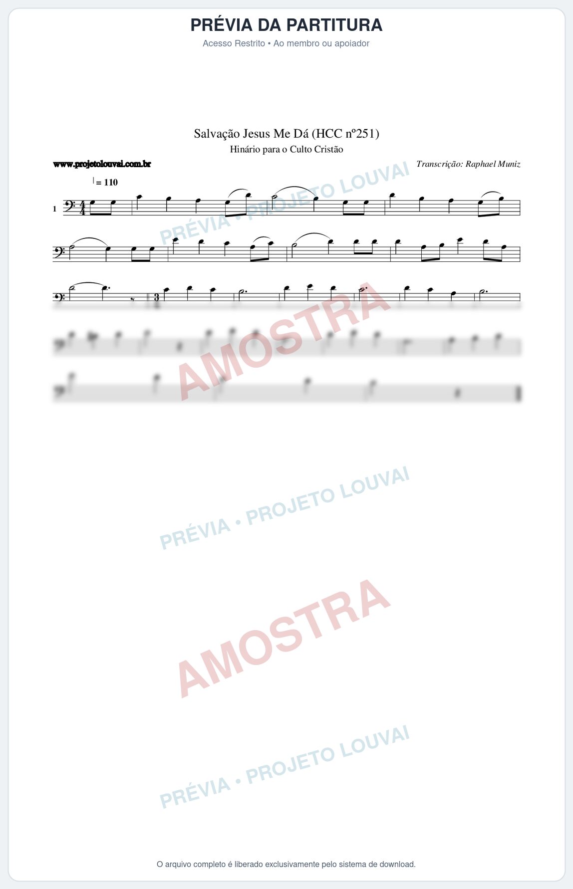 Prévia protegida da primeira página da partitura Partitura da música Salvação Jesus Me Dá (HCC nº251) - Hinário para o Culto Cristão - Tom C