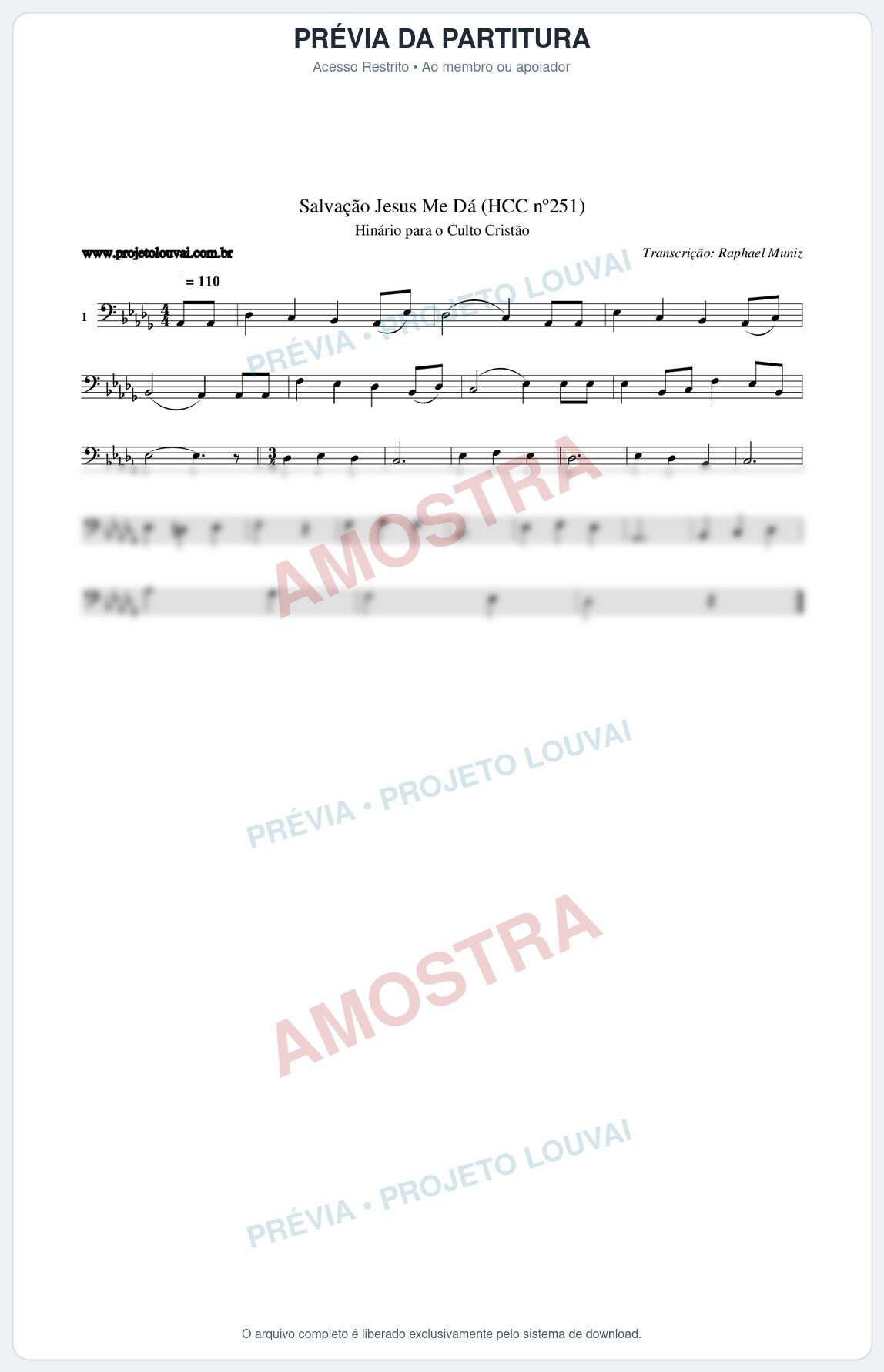 Prévia protegida da primeira página da partitura Partitura da música Salvação Jesus Me Dá (HCC nº251) - Hinário para o Culto Cristão - Tom Db