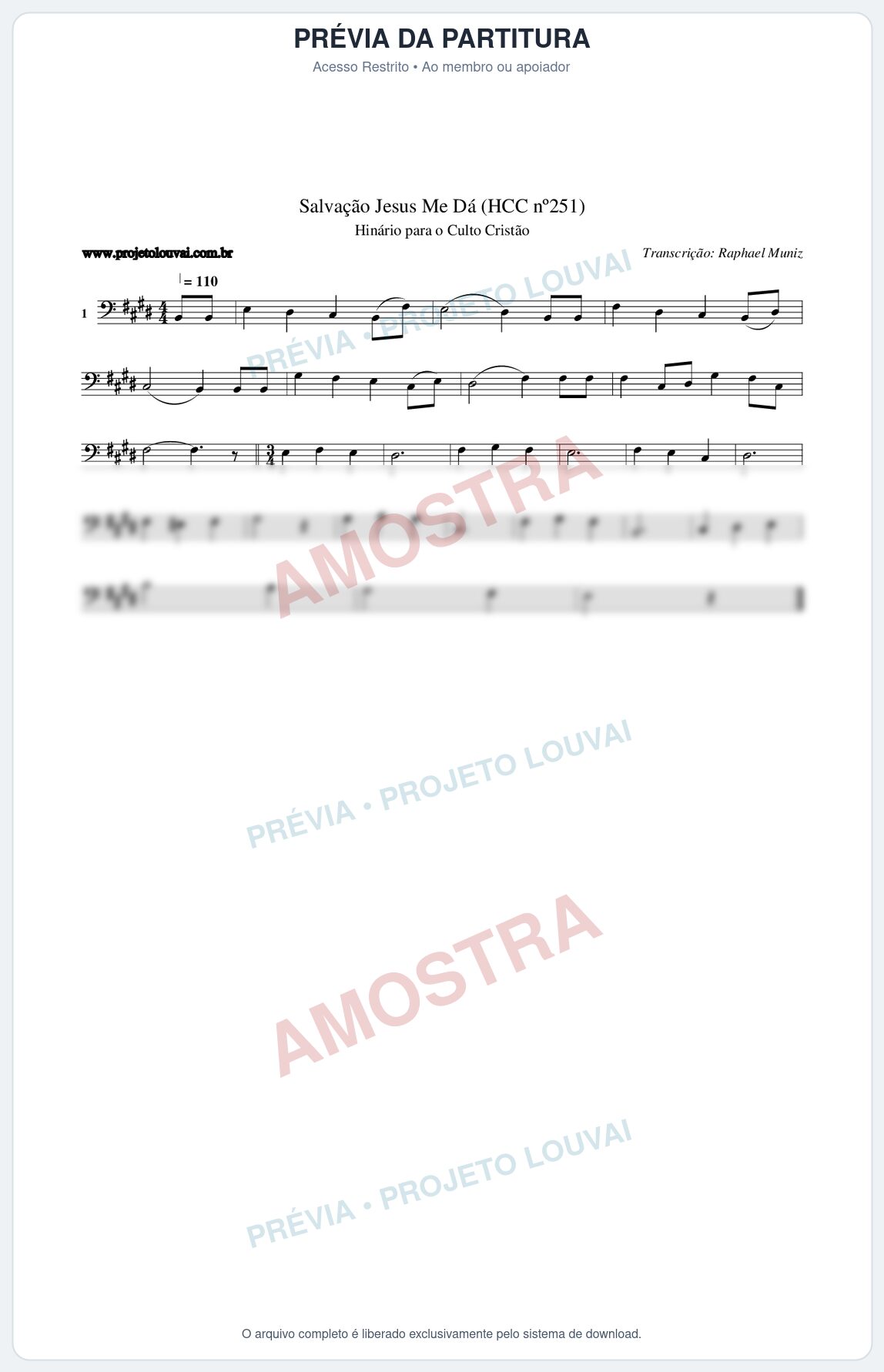Prévia protegida da primeira página da partitura Partitura da música Salvação Jesus Me Dá (HCC nº251) - Hinário para o Culto Cristão - Tom E