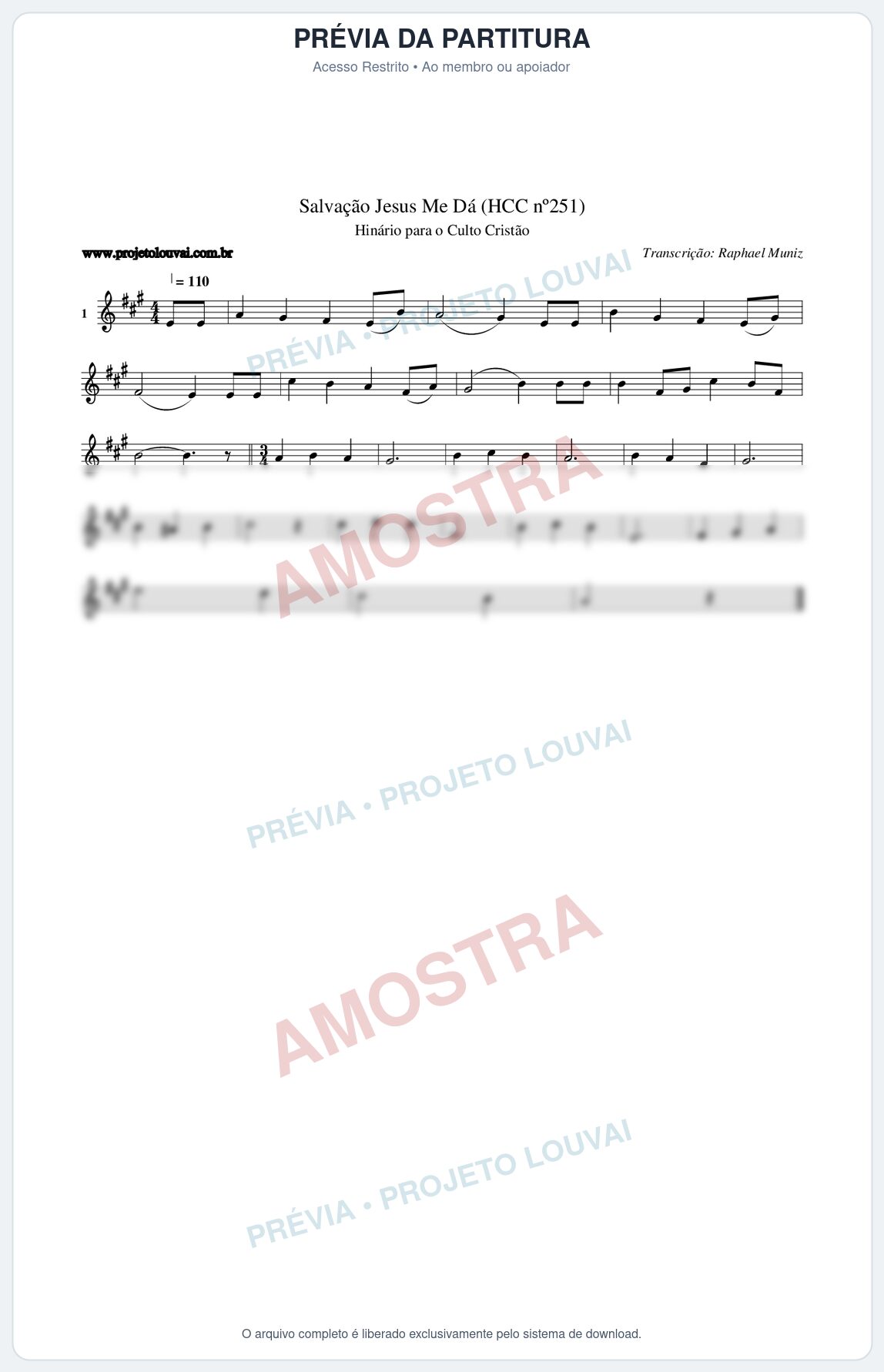 Prévia protegida da primeira página da partitura Partitura da música Salvação Jesus Me Dá (HCC nº251) - Hinário para o Culto Cristão - Tom A