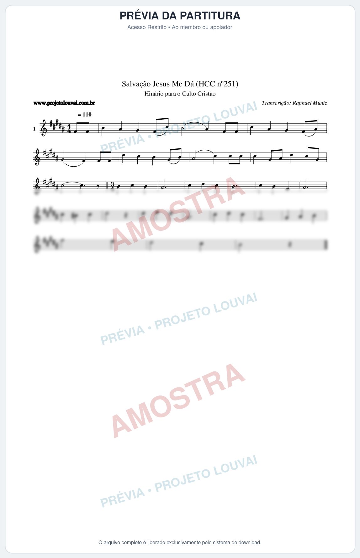 Prévia protegida da primeira página da partitura Partitura da música Salvação Jesus Me Dá (HCC nº251) - Hinário para o Culto Cristão - Tom B