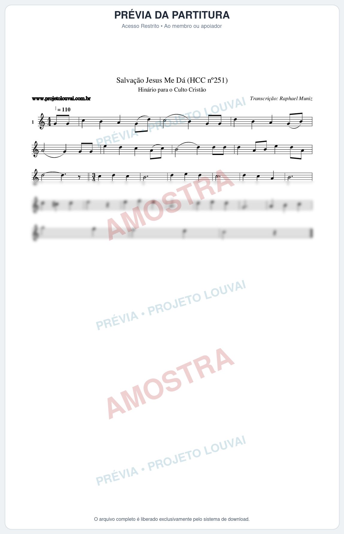 Prévia protegida da primeira página da partitura Partitura da música Salvação Jesus Me Dá (HCC nº251) - Hinário para o Culto Cristão - Tom C