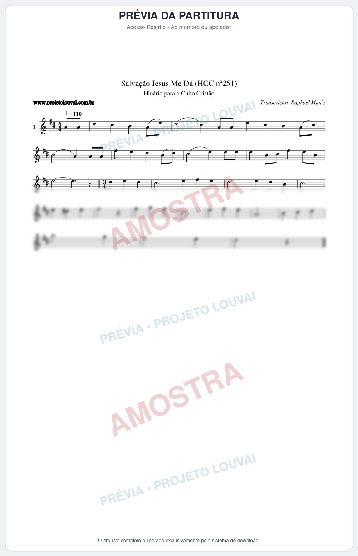 Prévia protegida da primeira página da partitura Partitura da música Salvação Jesus Me Dá (HCC nº251) - Hinário para o Culto Cristão - Tom D