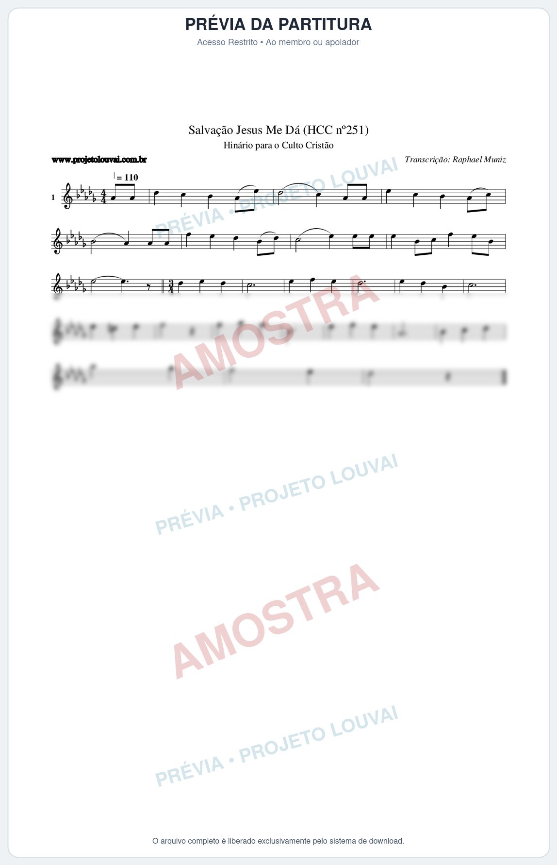 Prévia protegida da primeira página da partitura Partitura da música Salvação Jesus Me Dá (HCC nº251) - Hinário para o Culto Cristão - Tom Db