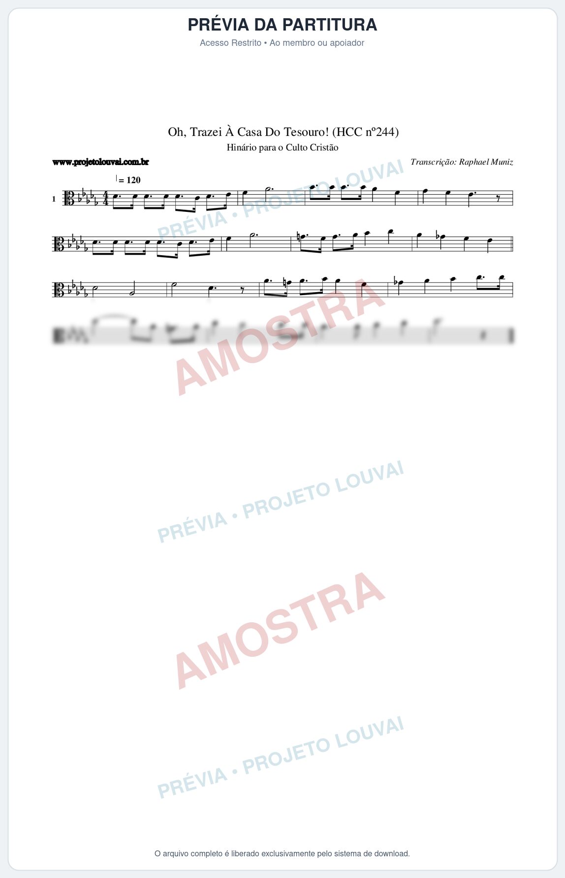 Prévia protegida da primeira página da partitura Partitura da música Oh, Trazei À Casa Do Tesouro! (HCC nº244) - Hinário para o Culto Cristão - Tom Db