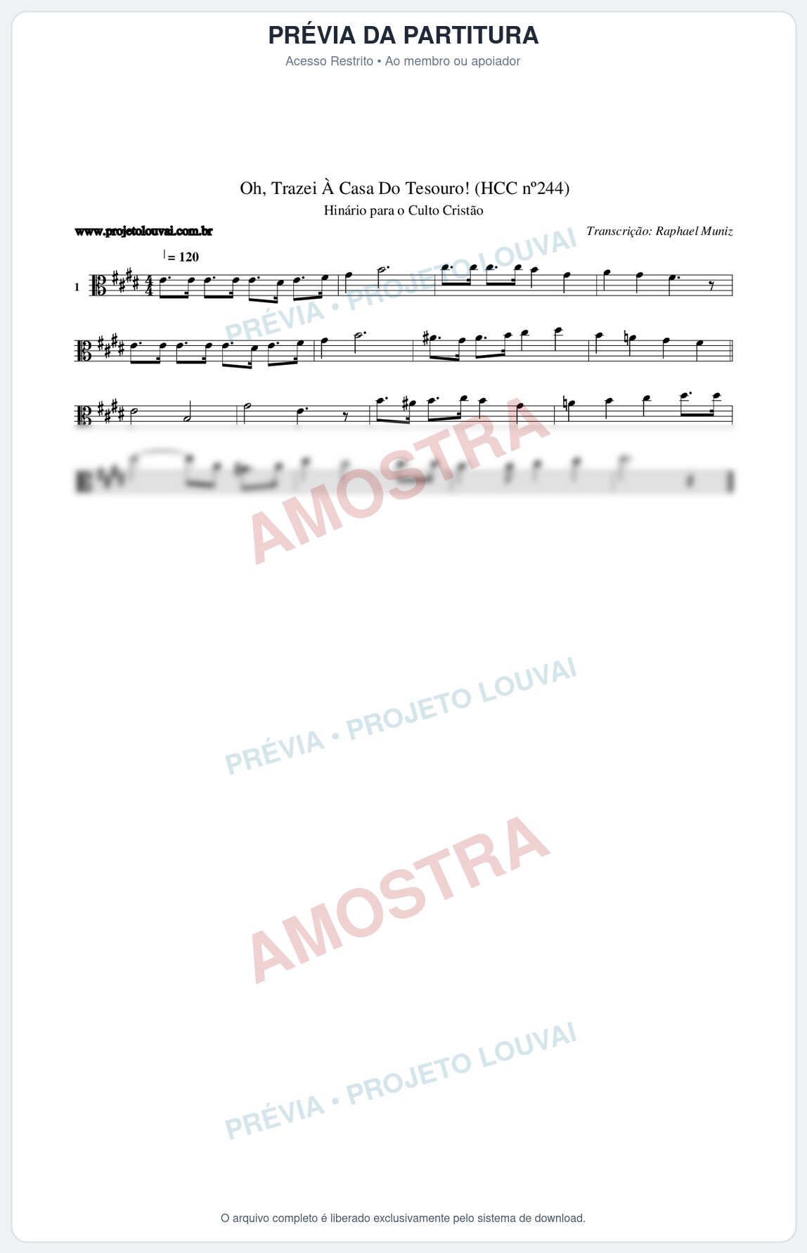 Prévia protegida da primeira página da partitura Partitura da música Oh, Trazei À Casa Do Tesouro! (HCC nº244) - Hinário para o Culto Cristão - Tom E