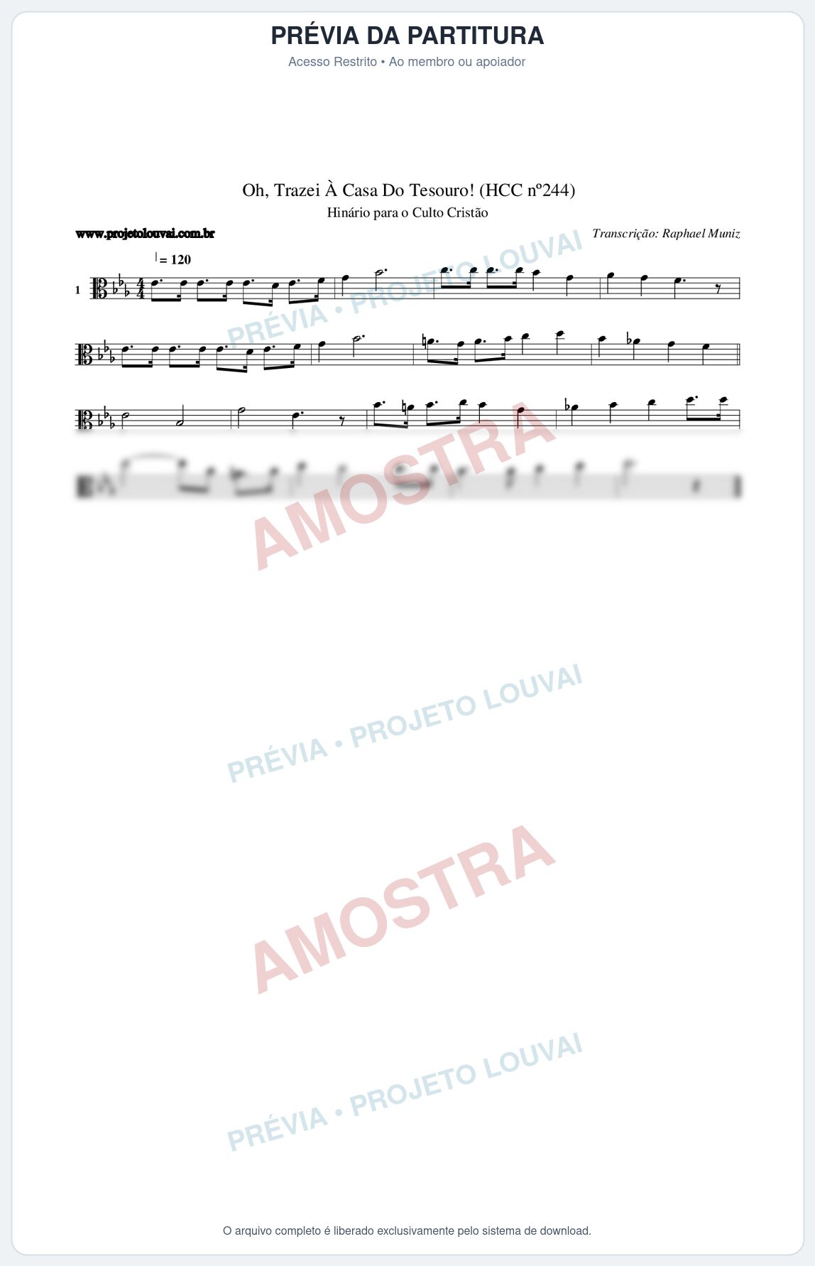 Prévia protegida da primeira página da partitura Partitura da música Oh, Trazei À Casa Do Tesouro! (HCC nº244) - Hinário para o Culto Cristão - Tom Eb
