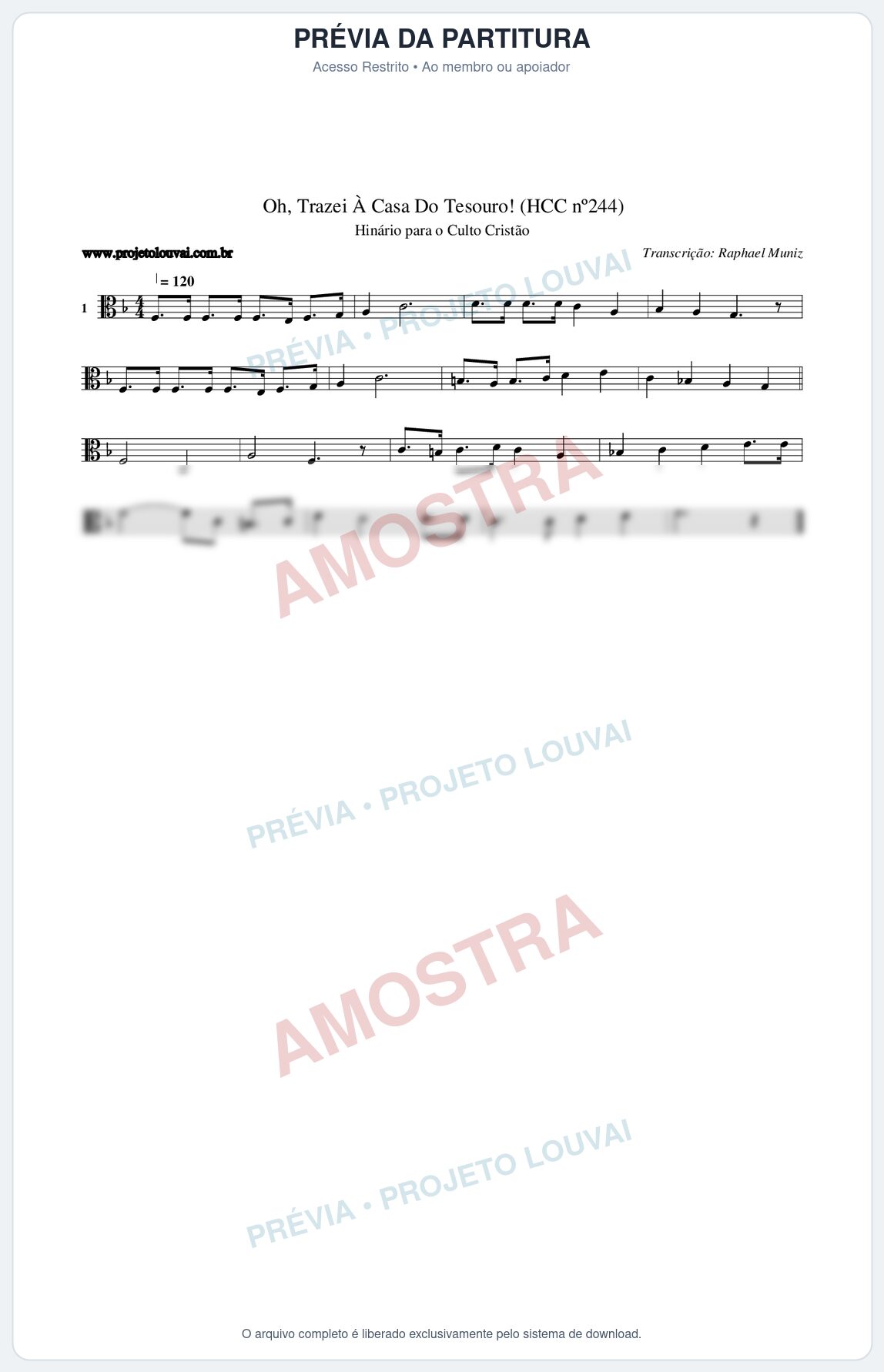 Prévia protegida da primeira página da partitura Partitura da música Oh, Trazei À Casa Do Tesouro! (HCC nº244) - Hinário para o Culto Cristão - Tom F