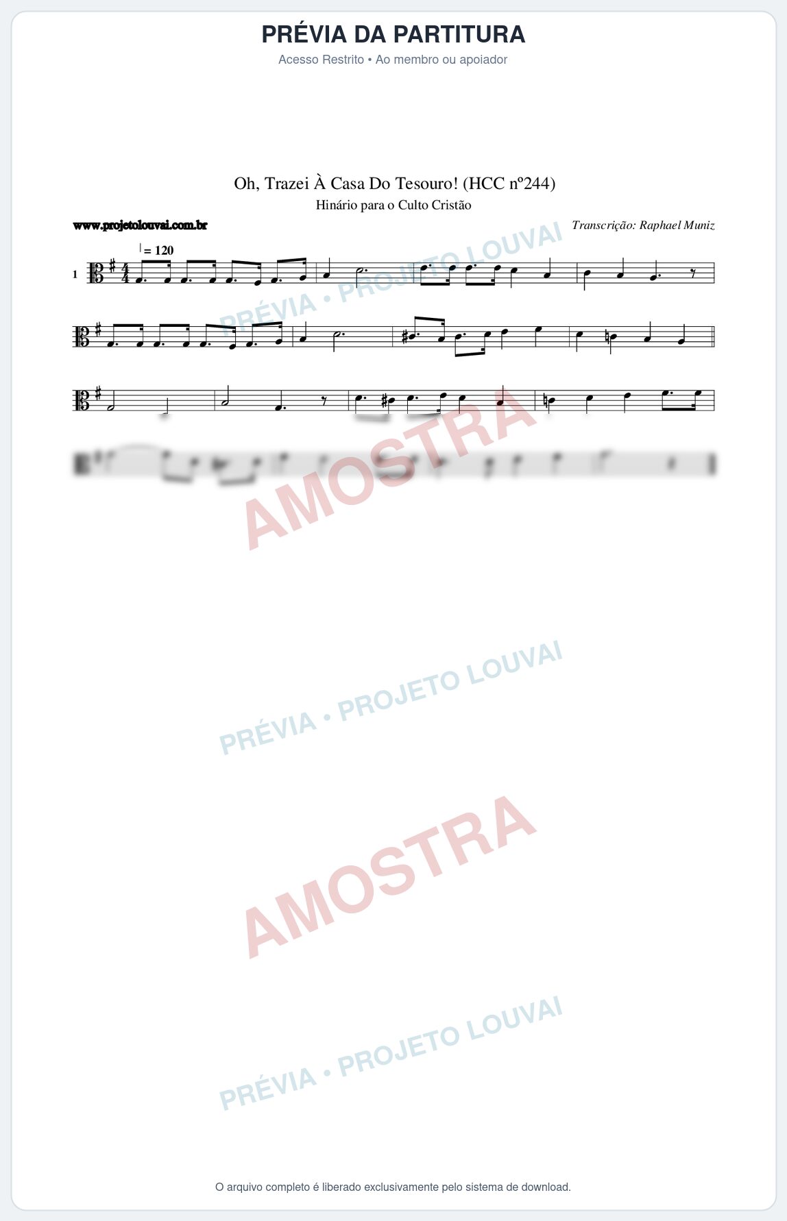 Prévia protegida da primeira página da partitura Partitura da música Oh, Trazei À Casa Do Tesouro! (HCC nº244) - Hinário para o Culto Cristão - Tom G