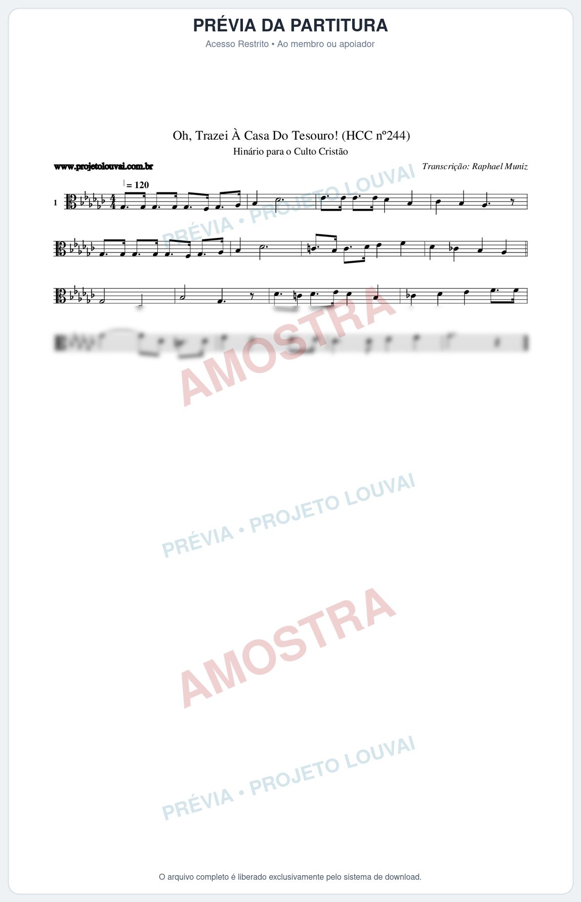 Prévia protegida da primeira página da partitura Partitura da música Oh, Trazei À Casa Do Tesouro! (HCC nº244) - Hinário para o Culto Cristão - Tom Gb