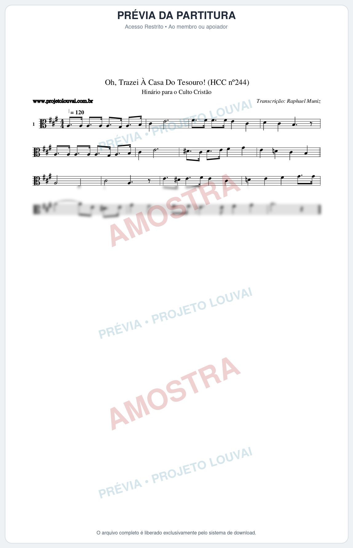 Prévia protegida da primeira página da partitura Partitura da música Oh, Trazei À Casa Do Tesouro! (HCC nº244) - Hinário para o Culto Cristão - Tom A