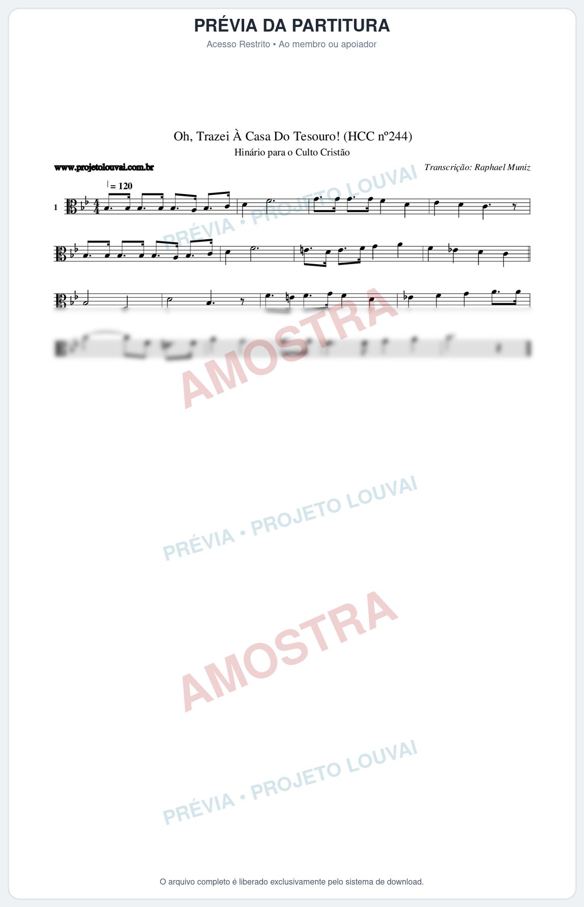 Prévia protegida da primeira página da partitura Partitura da música Oh, Trazei À Casa Do Tesouro! (HCC nº244) - Hinário para o Culto Cristão - Tom Bb