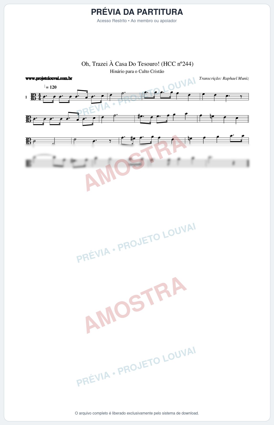 Prévia protegida da primeira página da partitura Partitura da música Oh, Trazei À Casa Do Tesouro! (HCC nº244) - Hinário para o Culto Cristão - Tom C