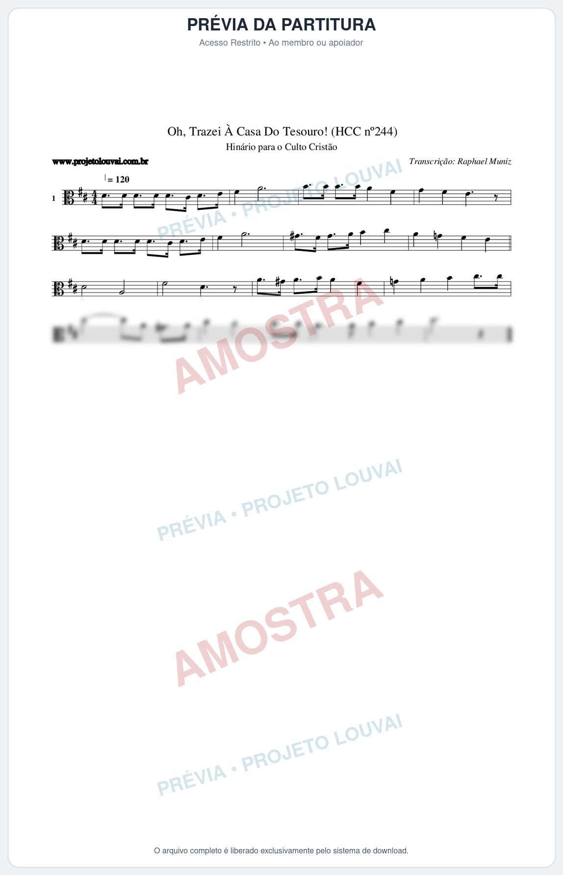 Prévia protegida da primeira página da partitura Partitura da música Oh, Trazei À Casa Do Tesouro! (HCC nº244) - Hinário para o Culto Cristão - Tom D