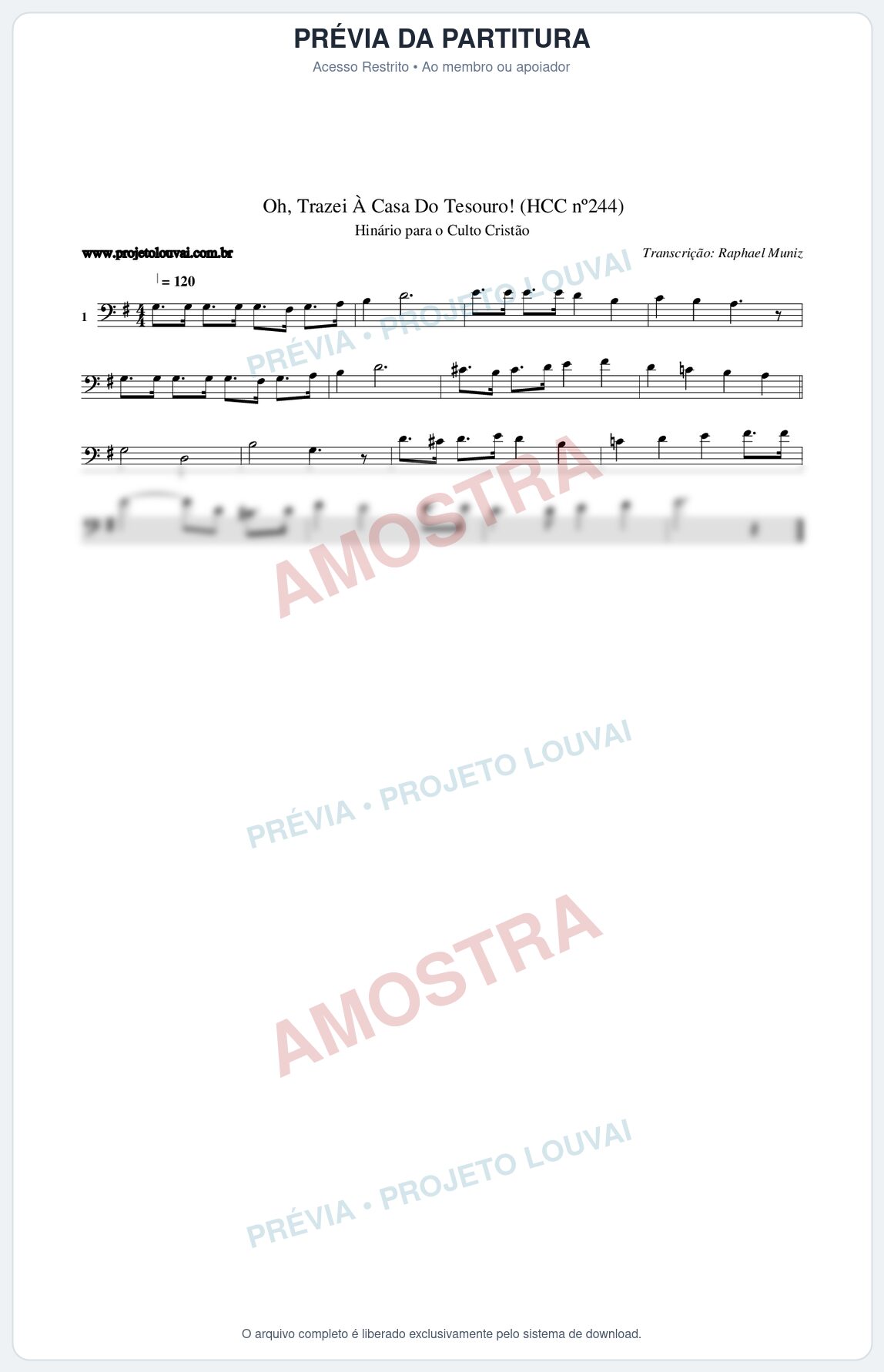 Prévia protegida da primeira página da partitura Partitura da música Oh, Trazei À Casa Do Tesouro! (HCC nº244) - Hinário para o Culto Cristão - Tom G