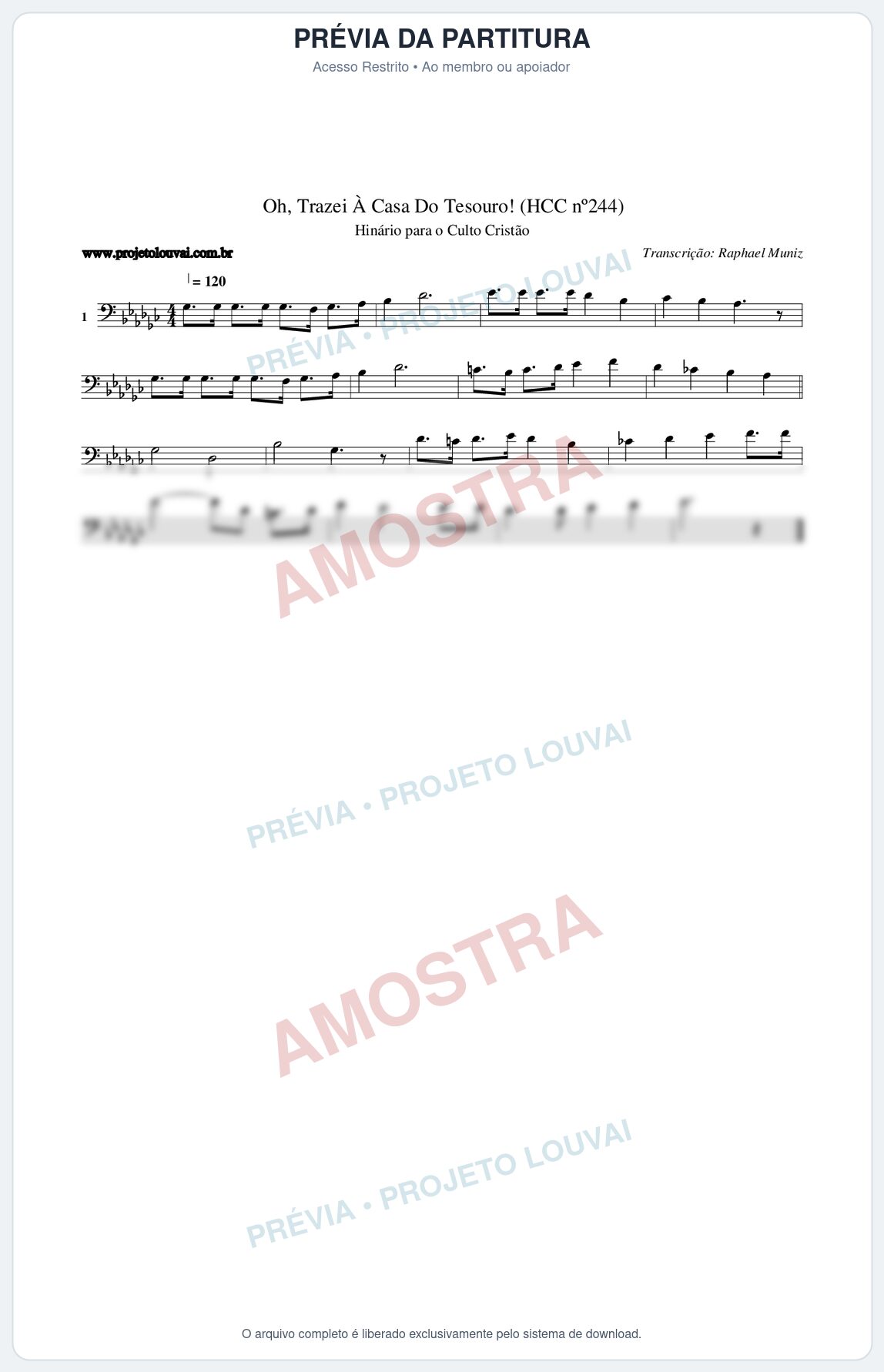 Prévia protegida da primeira página da partitura Partitura da música Oh, Trazei À Casa Do Tesouro! (HCC nº244) - Hinário para o Culto Cristão - Tom Gb