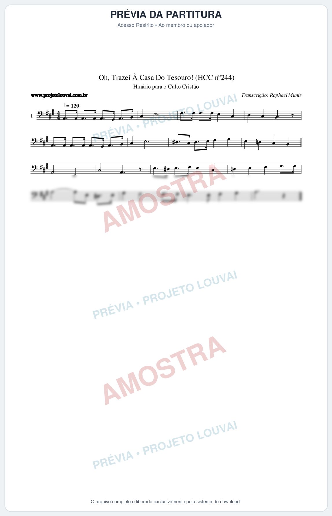 Prévia protegida da primeira página da partitura Partitura da música Oh, Trazei À Casa Do Tesouro! (HCC nº244) - Hinário para o Culto Cristão - Tom A