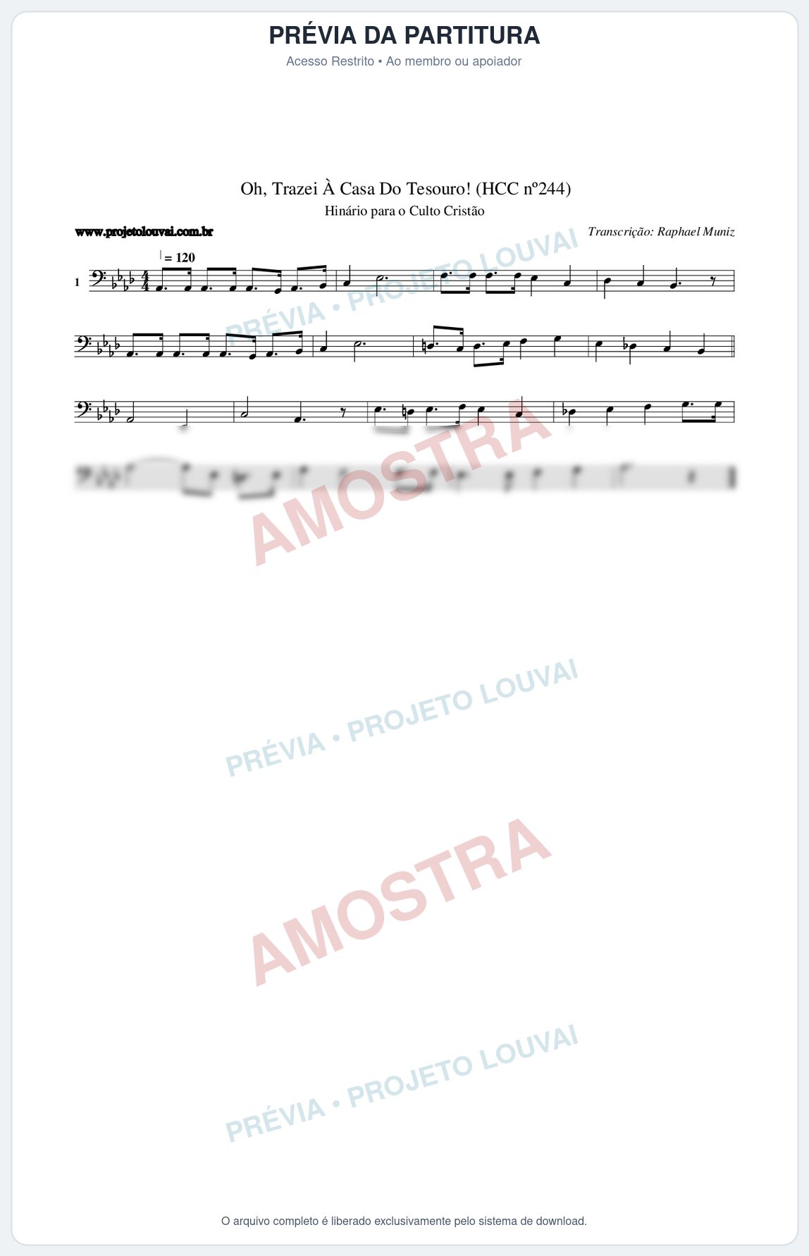 Prévia protegida da primeira página da partitura Partitura da música Oh, Trazei À Casa Do Tesouro! (HCC nº244) - Hinário para o Culto Cristão - Tom Ab