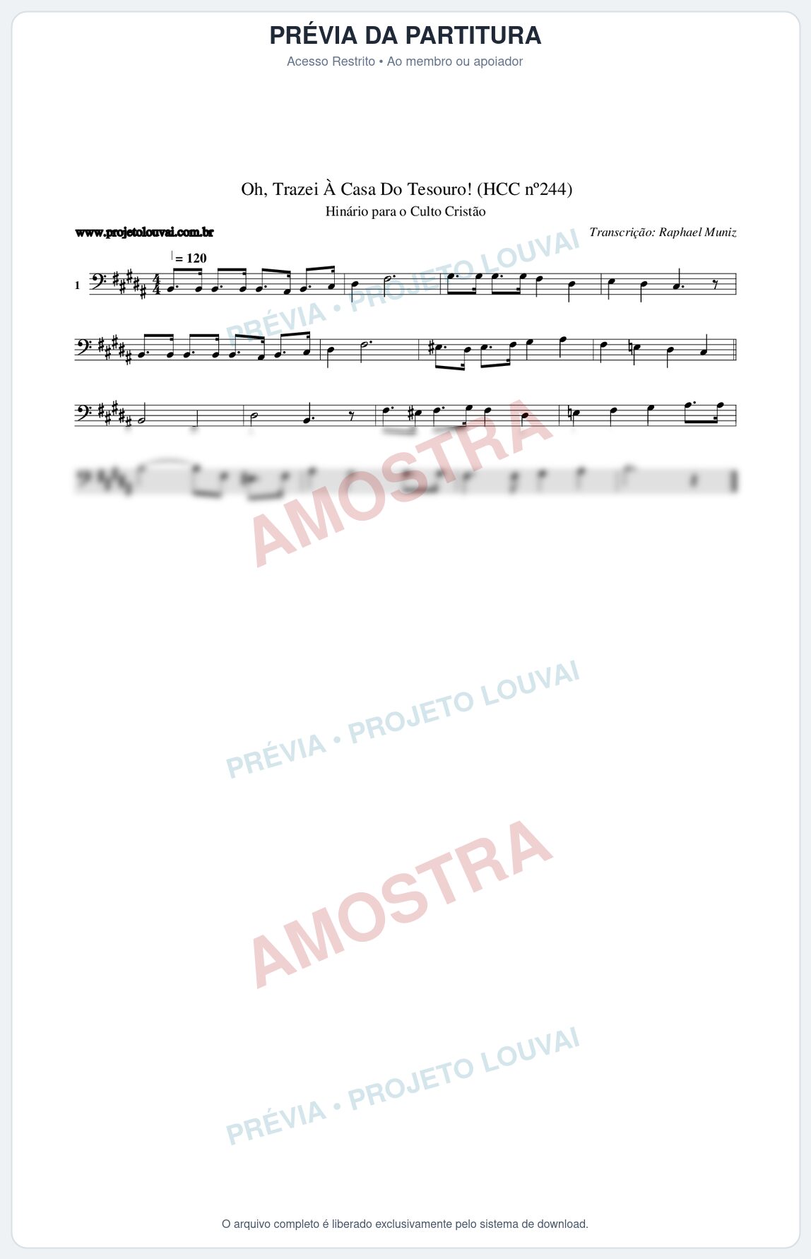 Prévia protegida da primeira página da partitura Partitura da música Oh, Trazei À Casa Do Tesouro! (HCC nº244) - Hinário para o Culto Cristão - Tom B
