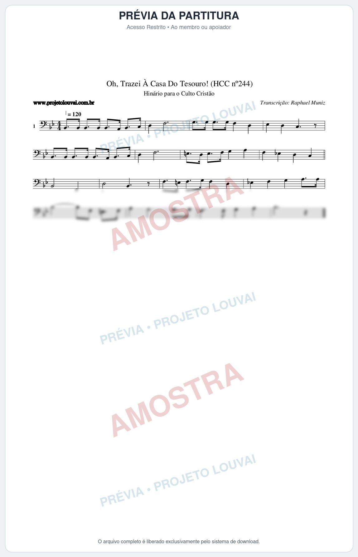 Prévia protegida da primeira página da partitura Partitura da música Oh, Trazei À Casa Do Tesouro! (HCC nº244) - Hinário para o Culto Cristão - Tom Bb