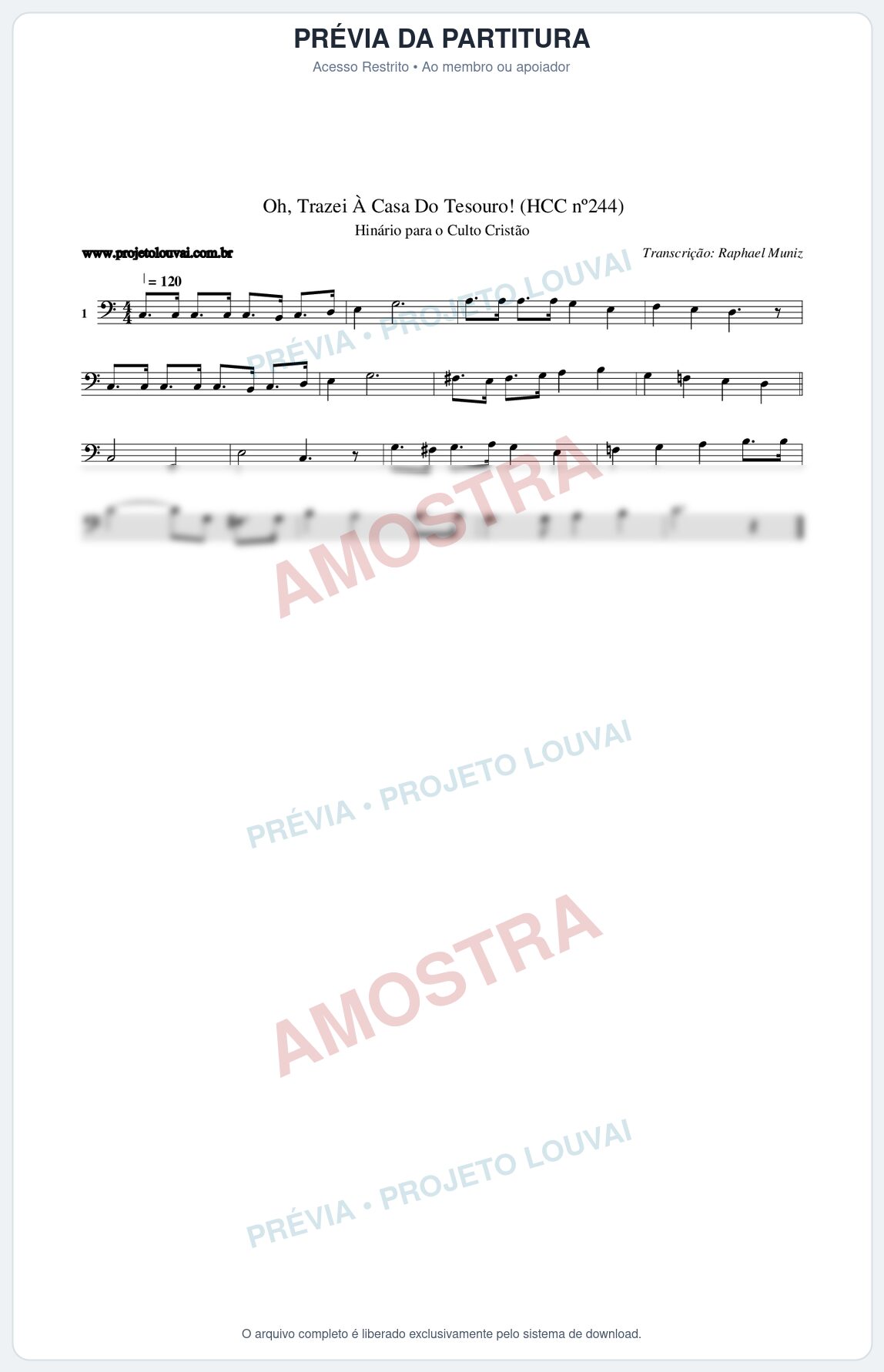 Prévia protegida da primeira página da partitura Partitura da música Oh, Trazei À Casa Do Tesouro! (HCC nº244) - Hinário para o Culto Cristão - Tom C