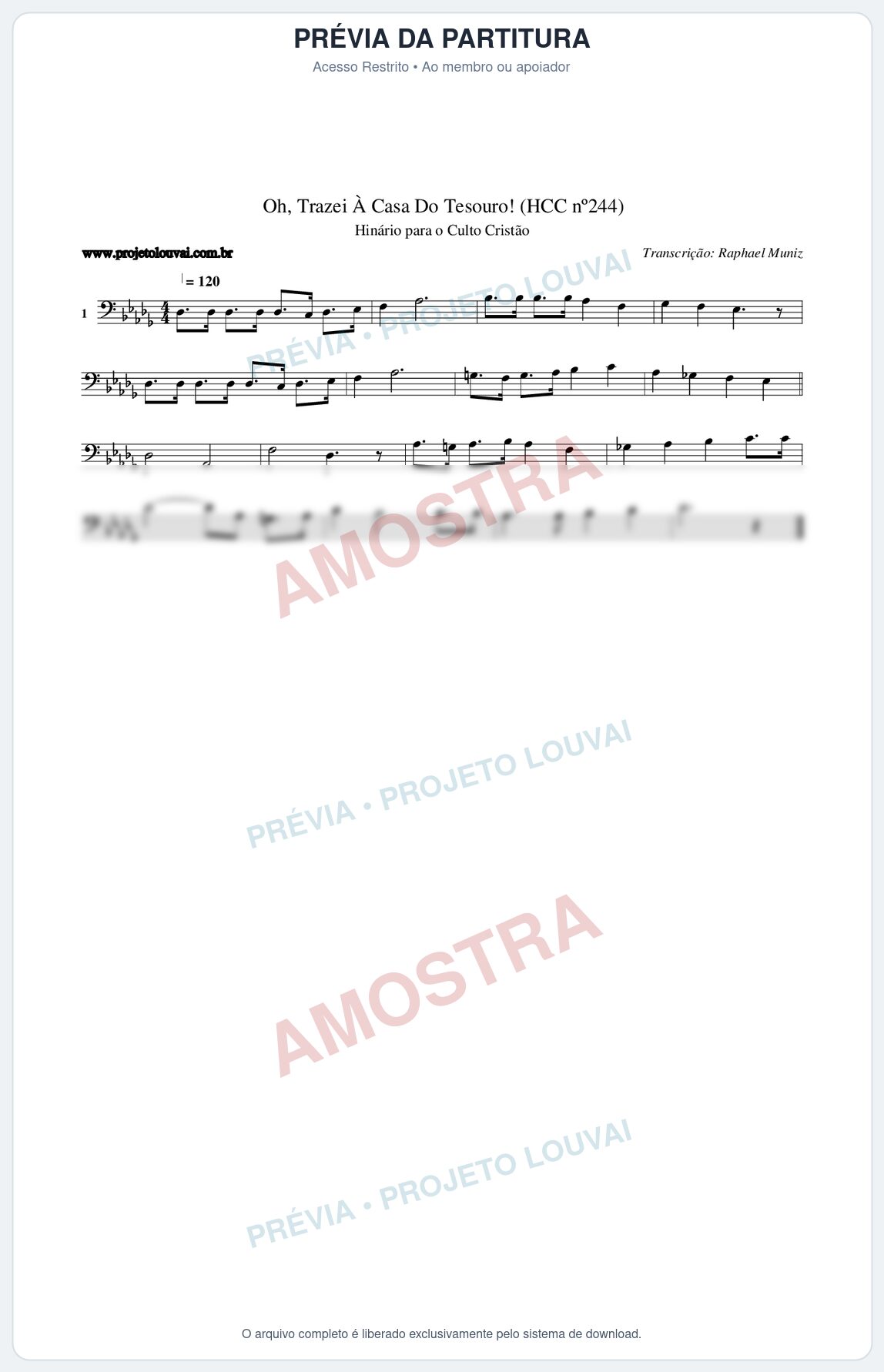 Prévia protegida da primeira página da partitura Partitura da música Oh, Trazei À Casa Do Tesouro! (HCC nº244) - Hinário para o Culto Cristão - Tom Db