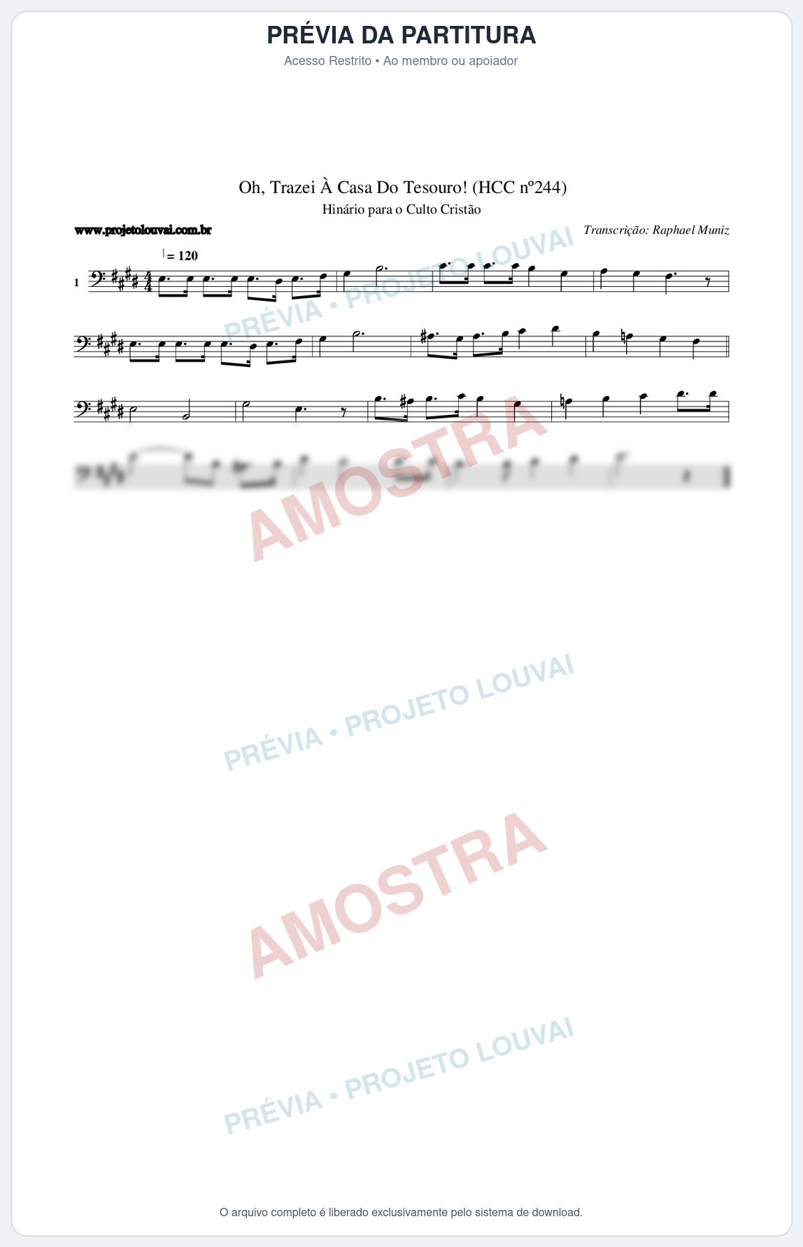 Prévia protegida da primeira página da partitura Partitura da música Oh, Trazei À Casa Do Tesouro! (HCC nº244) - Hinário para o Culto Cristão - Tom E