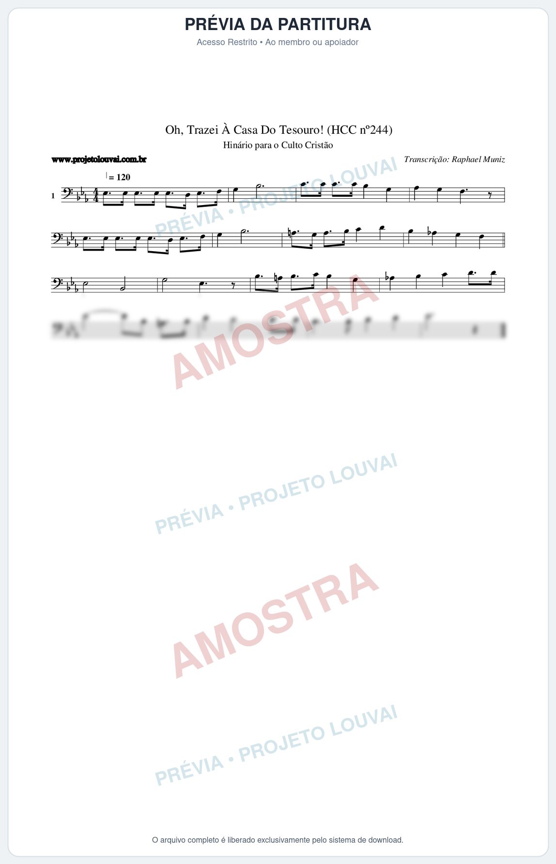 Prévia protegida da primeira página da partitura Partitura da música Oh, Trazei À Casa Do Tesouro! (HCC nº244) - Hinário para o Culto Cristão - Tom Eb
