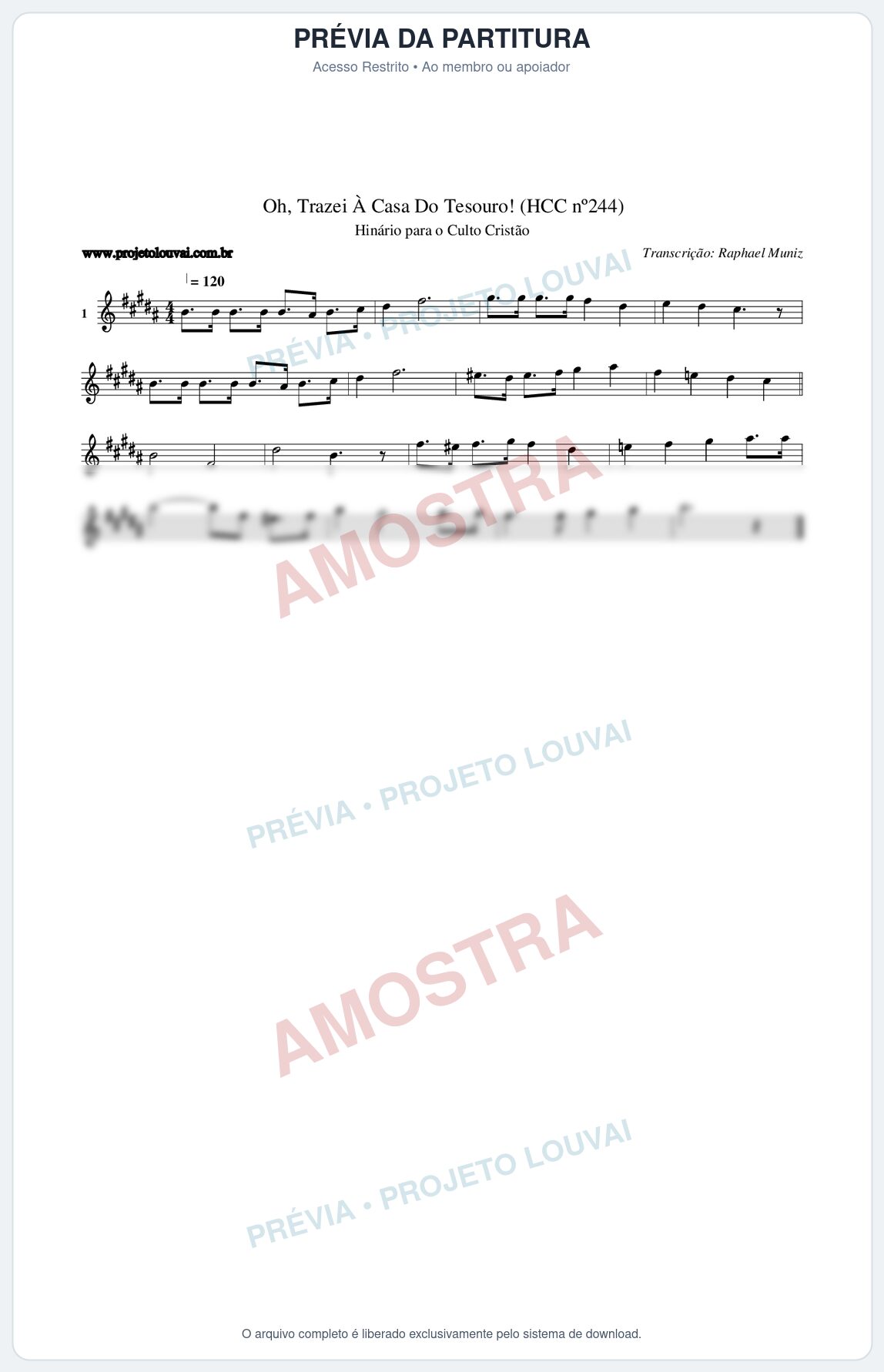 Prévia protegida da primeira página da partitura Partitura da música Oh, Trazei À Casa Do Tesouro! (HCC nº244) - Hinário para o Culto Cristão - Tom B