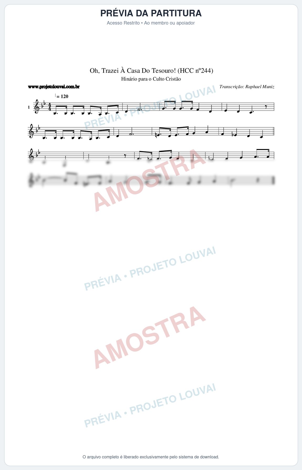Prévia protegida da primeira página da partitura Partitura da música Oh, Trazei À Casa Do Tesouro! (HCC nº244) - Hinário para o Culto Cristão - Tom Bb
