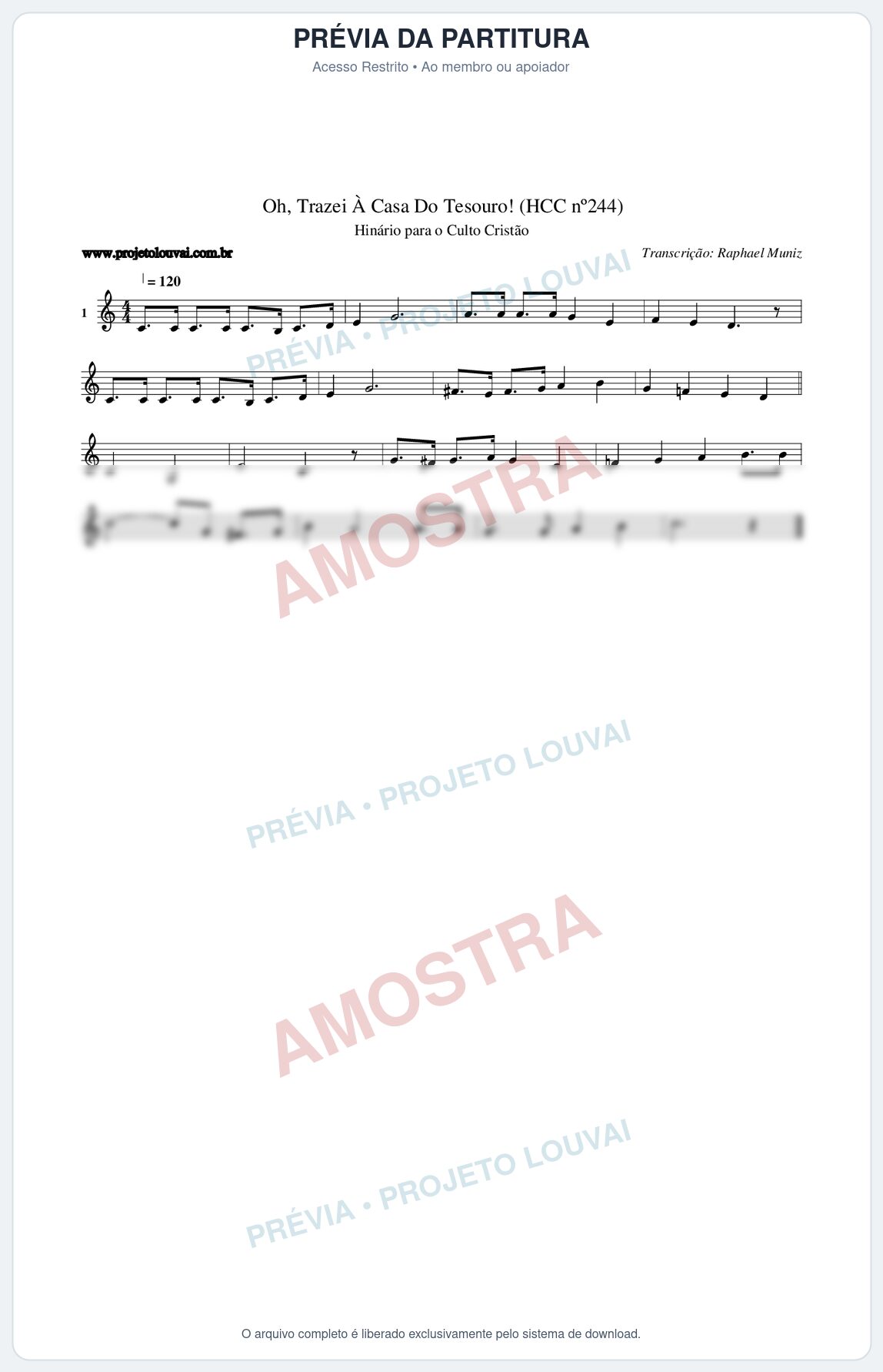 Prévia protegida da primeira página da partitura Partitura da música Oh, Trazei À Casa Do Tesouro! (HCC nº244) - Hinário para o Culto Cristão - Tom C