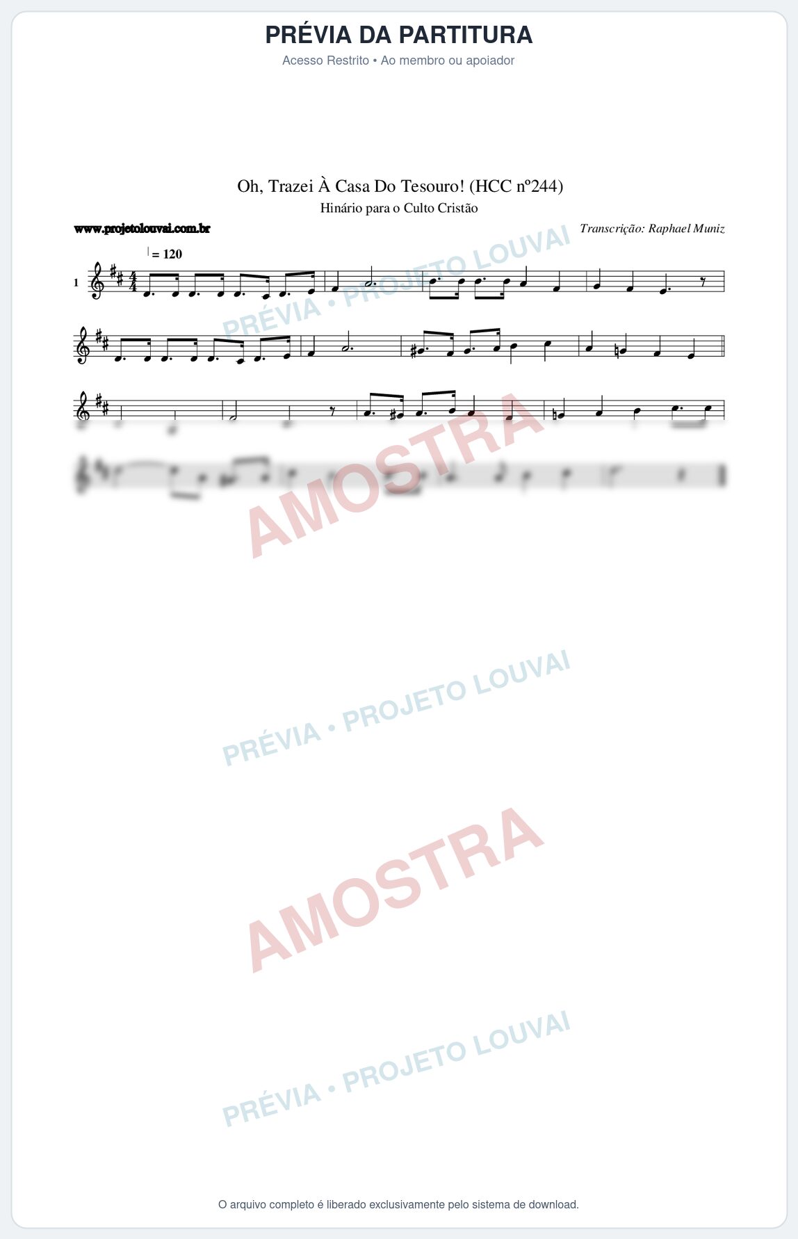Prévia protegida da primeira página da partitura Partitura da música Oh, Trazei À Casa Do Tesouro! (HCC nº244) - Hinário para o Culto Cristão - Tom D