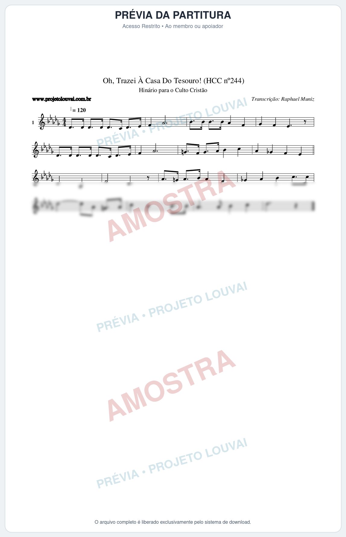 Prévia protegida da primeira página da partitura Partitura da música Oh, Trazei À Casa Do Tesouro! (HCC nº244) - Hinário para o Culto Cristão - Tom Db