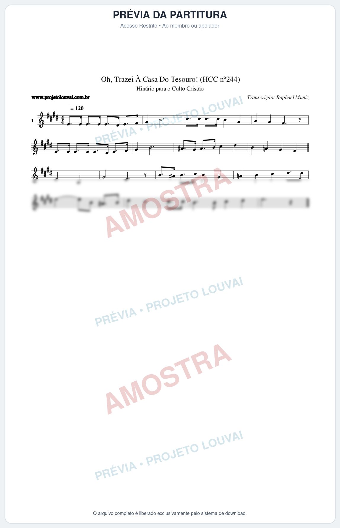 Prévia protegida da primeira página da partitura Partitura da música Oh, Trazei À Casa Do Tesouro! (HCC nº244) - Hinário para o Culto Cristão - Tom E