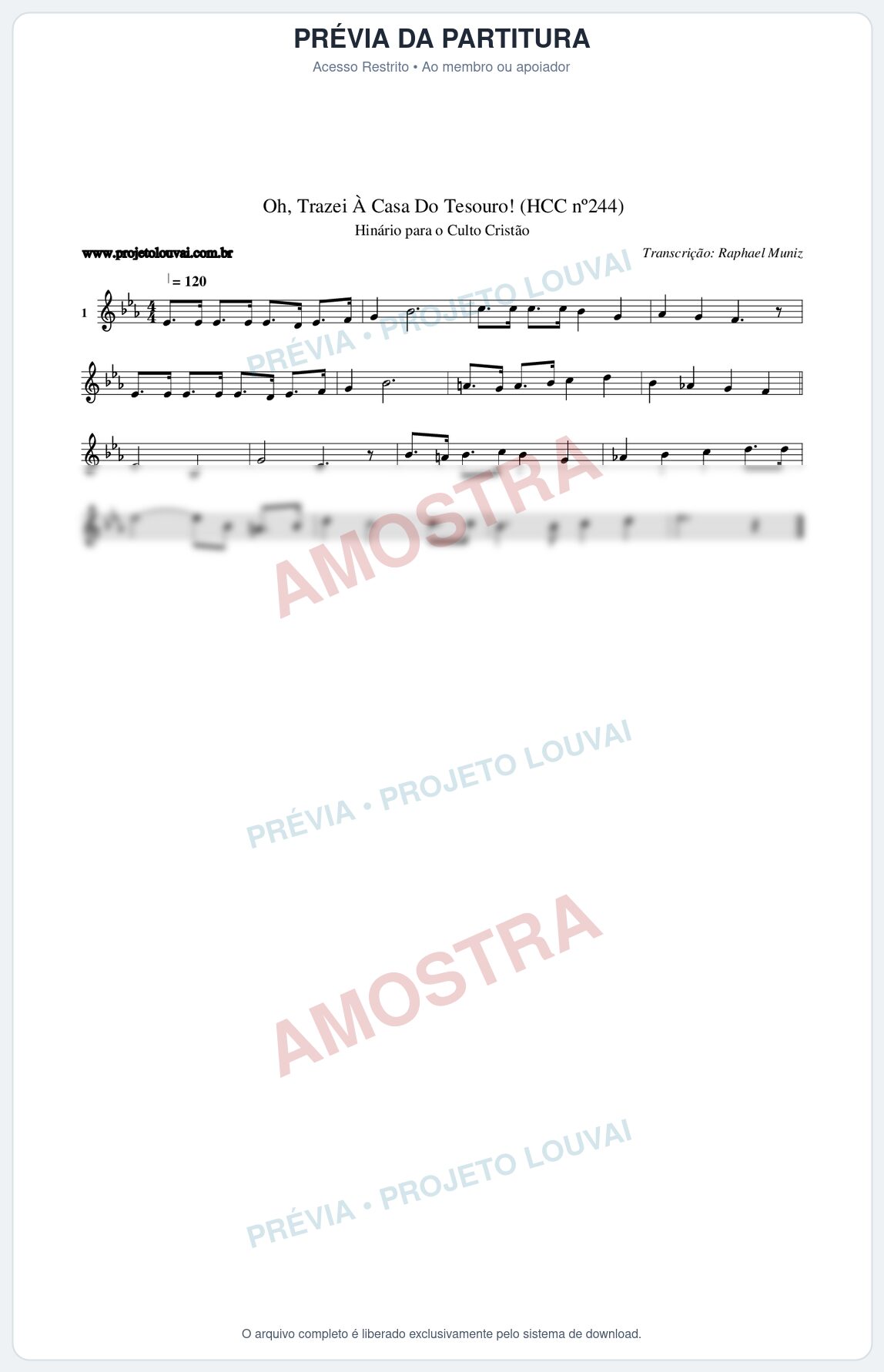 Prévia protegida da primeira página da partitura Partitura da música Oh, Trazei À Casa Do Tesouro! (HCC nº244) - Hinário para o Culto Cristão - Tom Eb