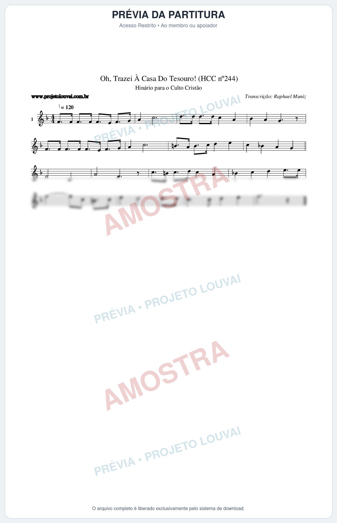 Prévia protegida da primeira página da partitura Partitura da música Oh, Trazei À Casa Do Tesouro! (HCC nº244) - Hinário para o Culto Cristão - Tom F