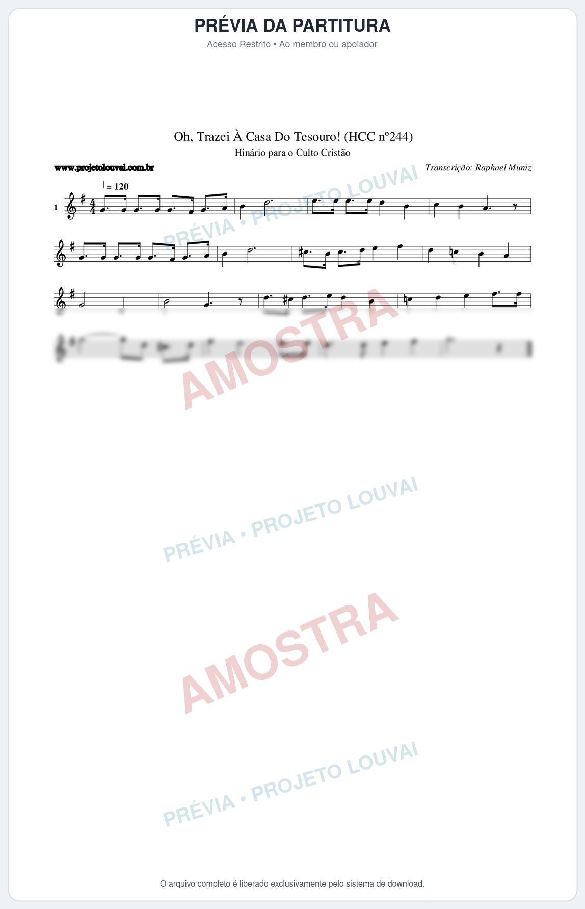 Prévia protegida da primeira página da partitura Partitura da música Oh, Trazei À Casa Do Tesouro! (HCC nº244) - Hinário para o Culto Cristão - Tom G