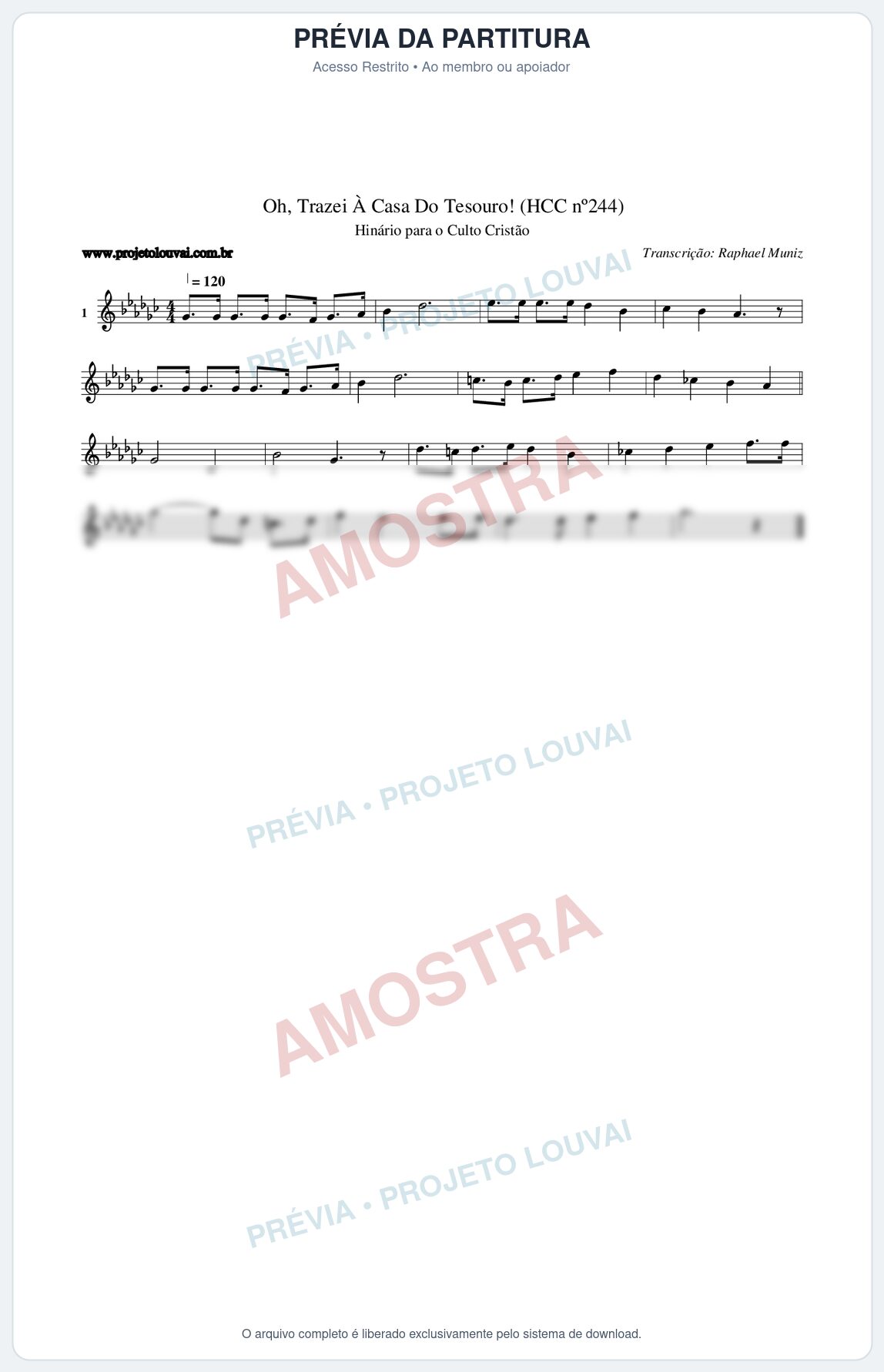 Prévia protegida da primeira página da partitura Partitura da música Oh, Trazei À Casa Do Tesouro! (HCC nº244) - Hinário para o Culto Cristão - Tom Gb