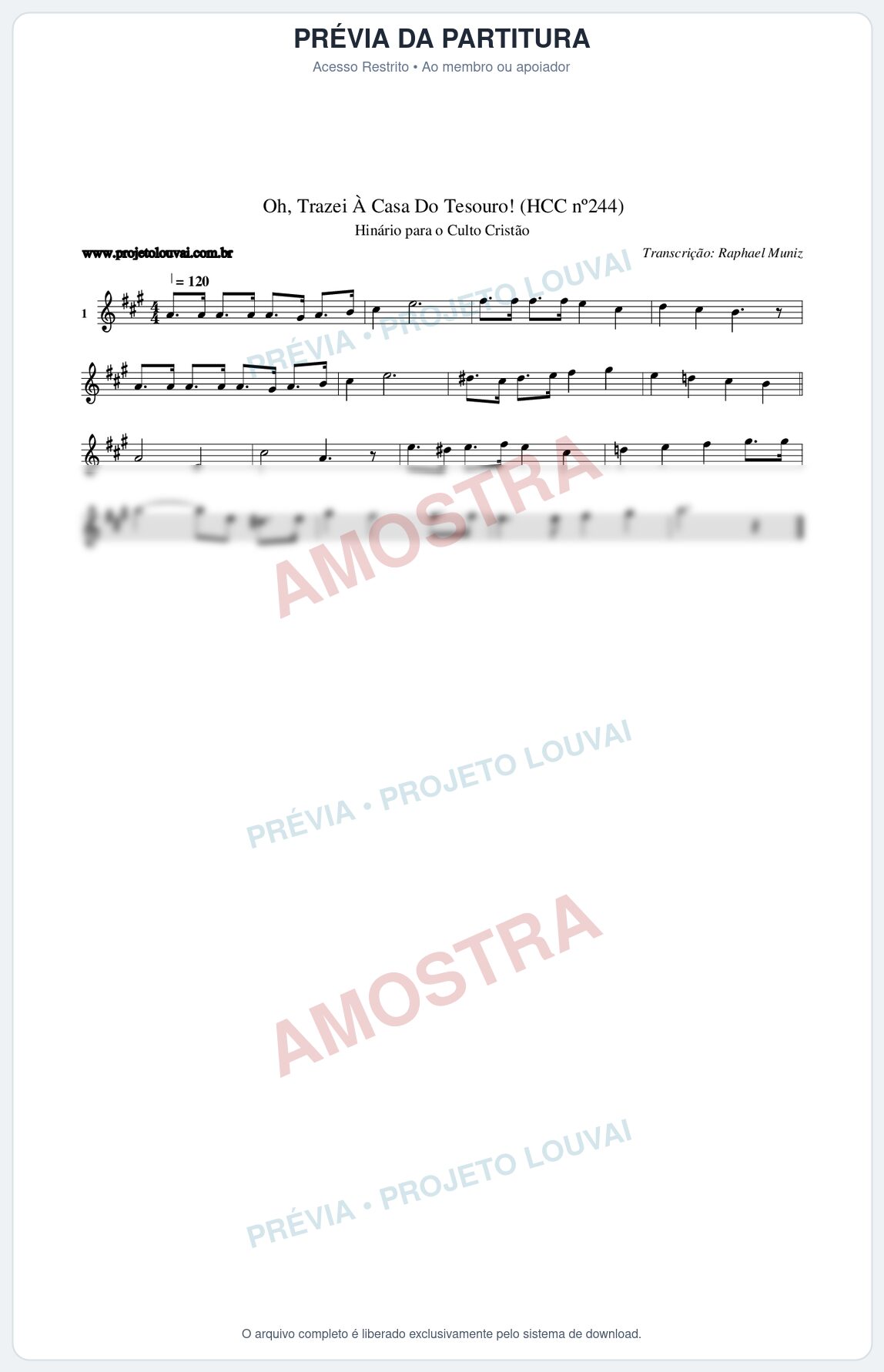 Prévia protegida da primeira página da partitura Partitura da música Oh, Trazei À Casa Do Tesouro! (HCC nº244) - Hinário para o Culto Cristão - Tom A