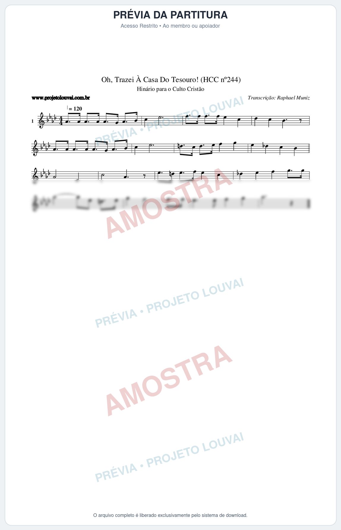 Prévia protegida da primeira página da partitura Partitura da música Oh, Trazei À Casa Do Tesouro! (HCC nº244) - Hinário para o Culto Cristão - Tom Ab
