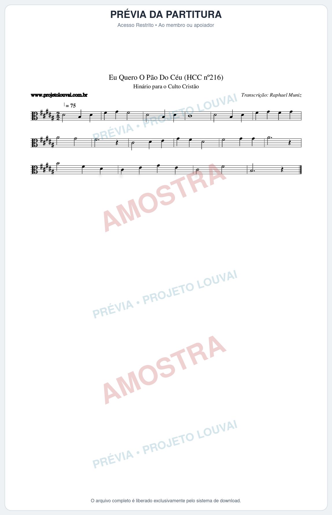Prévia protegida da primeira página da partitura Partitura da música Eu Quero O Pão Do Céu (HCC nº216) - Hinário para o Culto Cristão - Tom B
