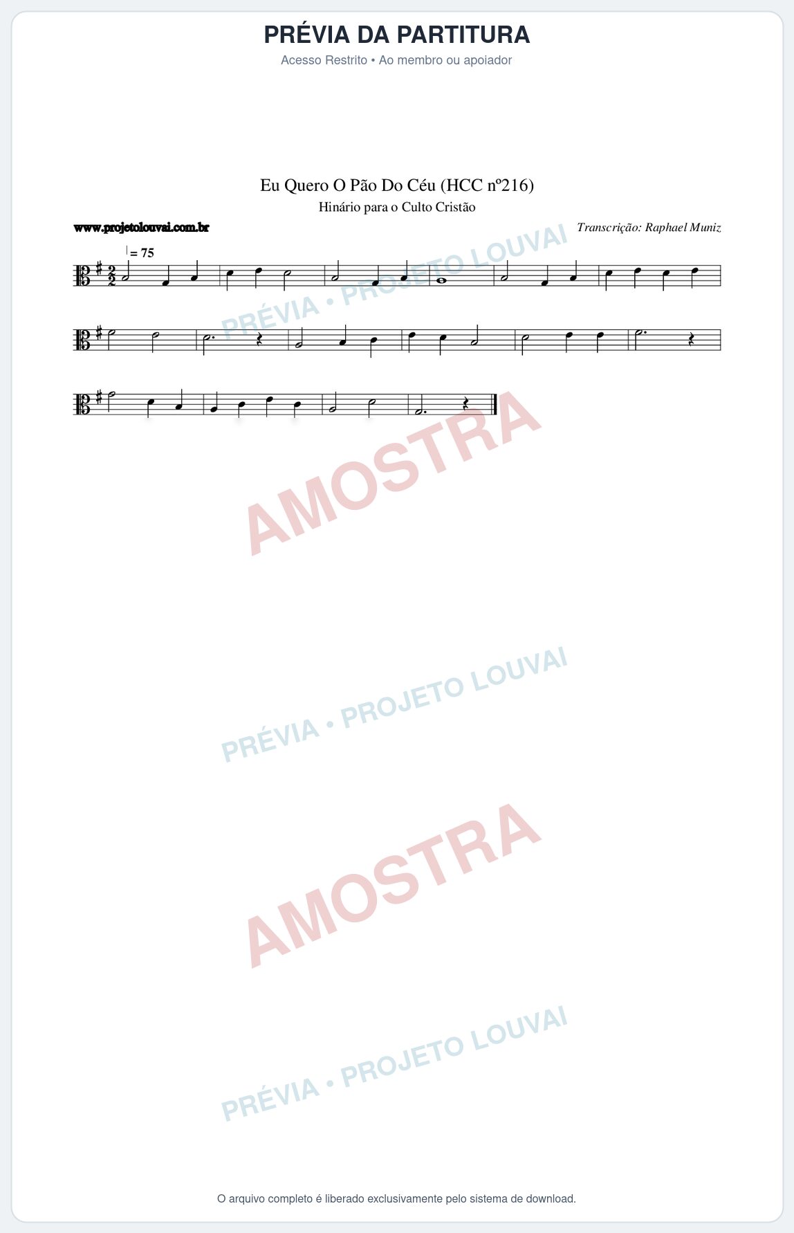 Prévia protegida da primeira página da partitura Partitura da música Eu Quero O Pão Do Céu (HCC nº216) - Hinário para o Culto Cristão - Tom G