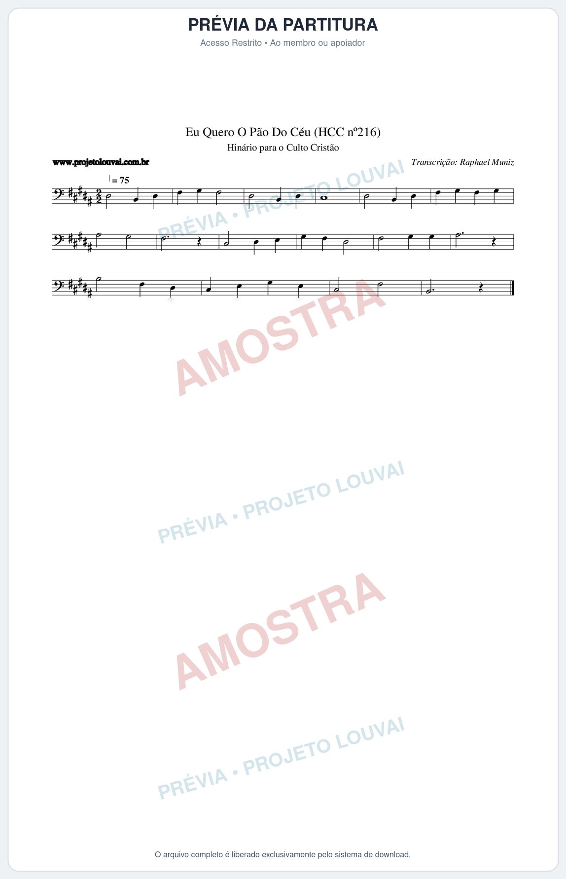 Prévia protegida da primeira página da partitura Partitura da música Eu Quero O Pão Do Céu (HCC nº216) - Hinário para o Culto Cristão - Tom B