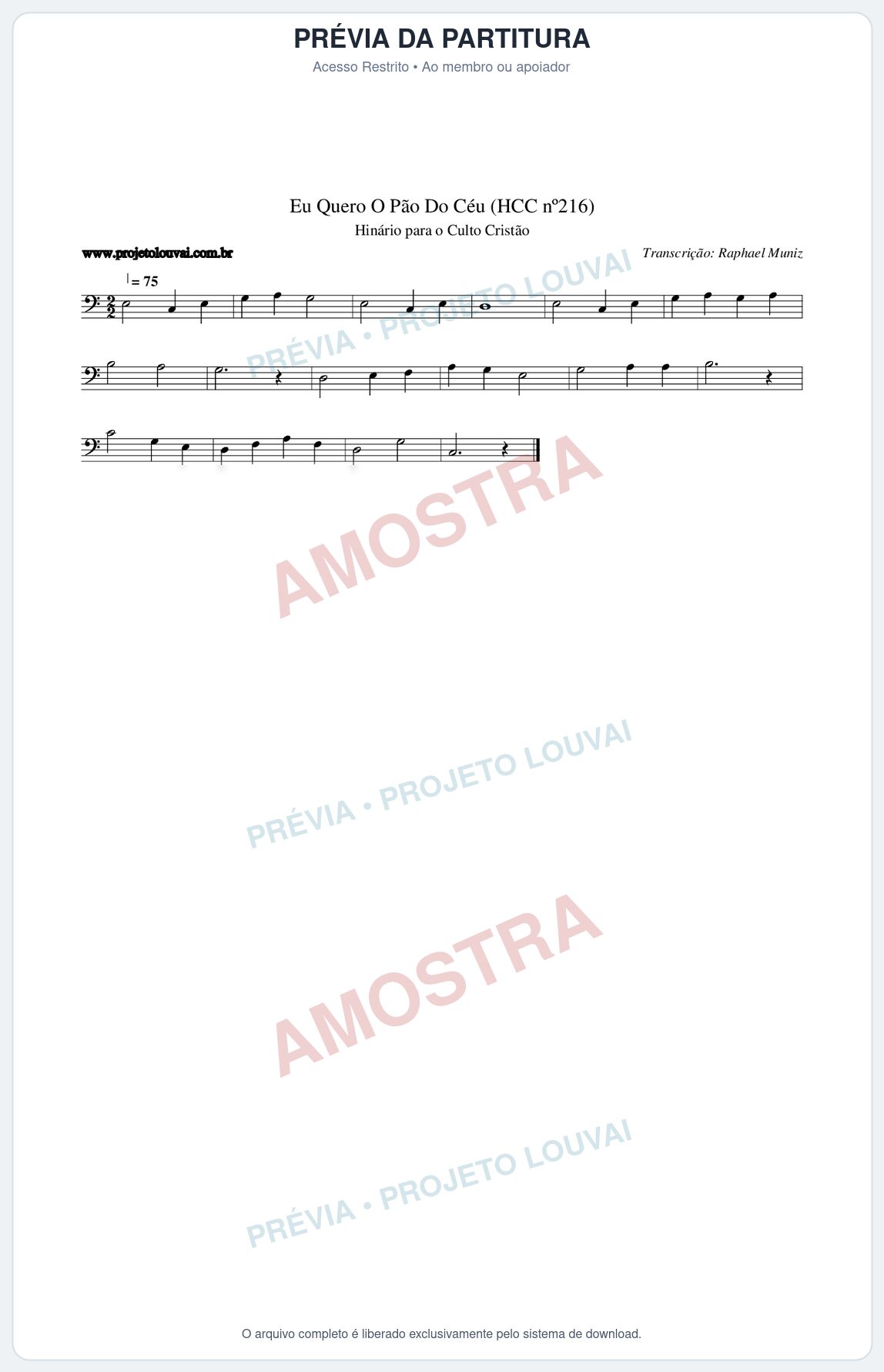 Prévia protegida da primeira página da partitura Partitura da música Eu Quero O Pão Do Céu (HCC nº216) - Hinário para o Culto Cristão - Tom C
