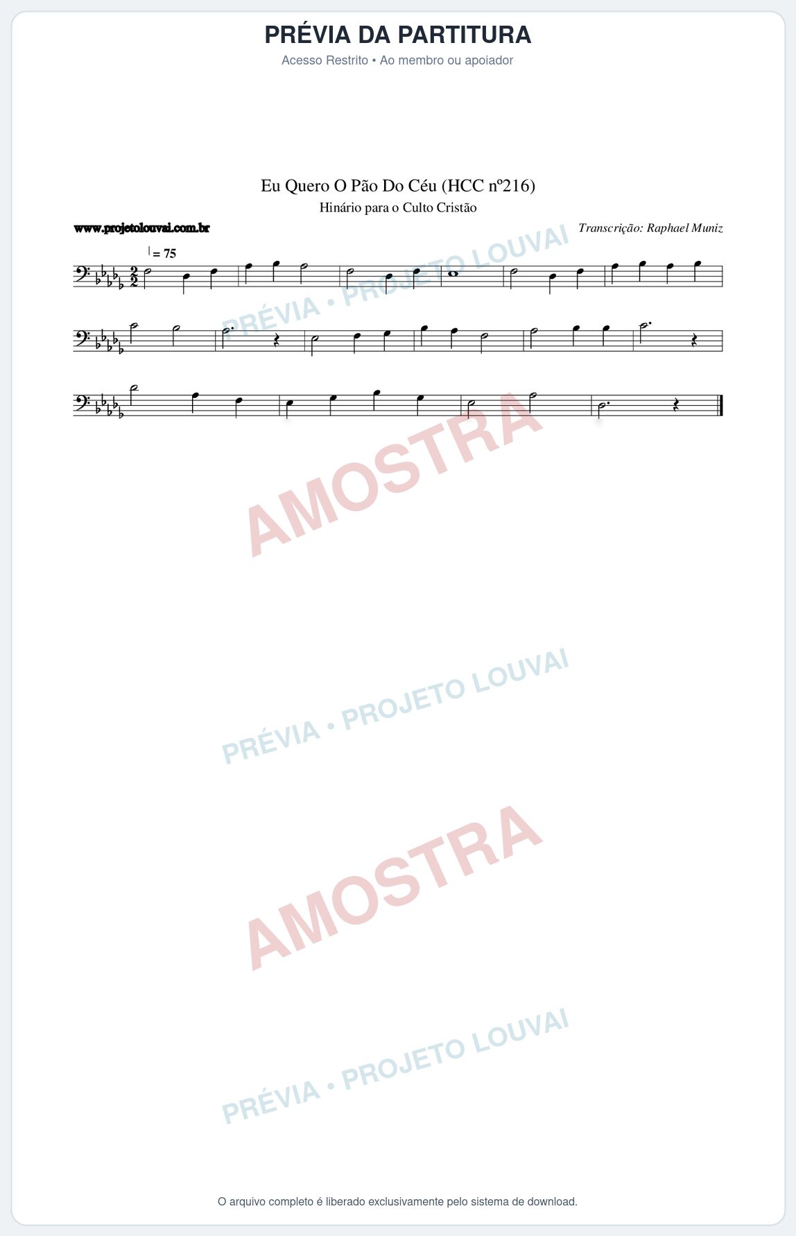 Prévia protegida da primeira página da partitura Partitura da música Eu Quero O Pão Do Céu (HCC nº216) - Hinário para o Culto Cristão - Tom Db