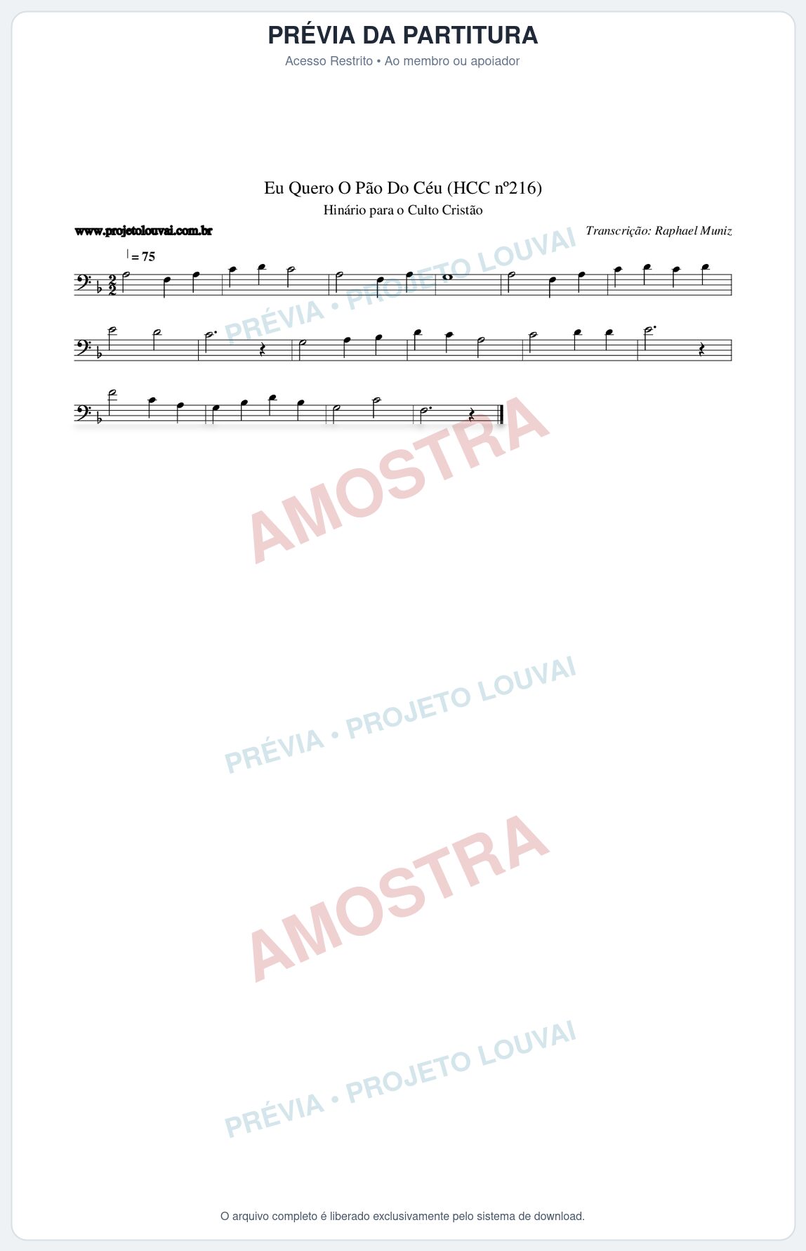 Prévia protegida da primeira página da partitura Partitura da música Eu Quero O Pão Do Céu (HCC nº216) - Hinário para o Culto Cristão - Tom F