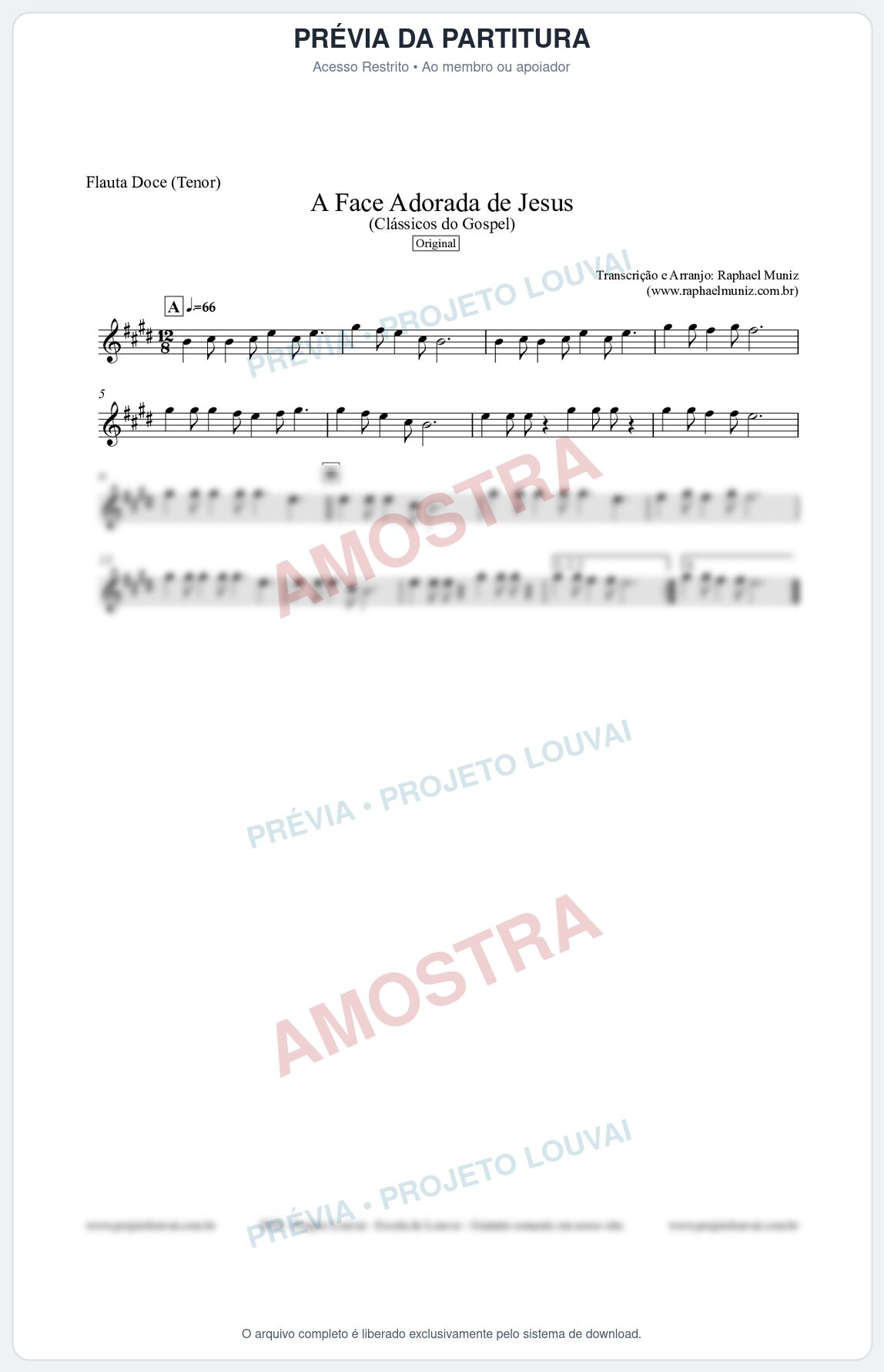 Prévia protegida da primeira página da partitura Partitura para Flauta Doce (Tenor) - A Face Adorada de Jesus - Harpa Cristã 304 (Tom E) - Clássicos do Gospel